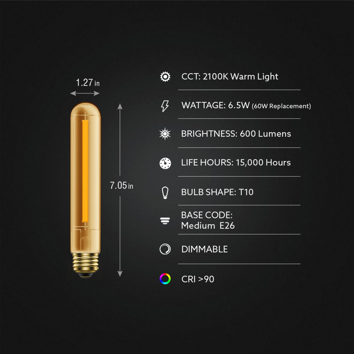 6.5W (60W Replacement) T10 E26 Dimmable Straight Filament Amber Glass Vintage Edison LED Light Bulb, Warm Light (4-Pack)