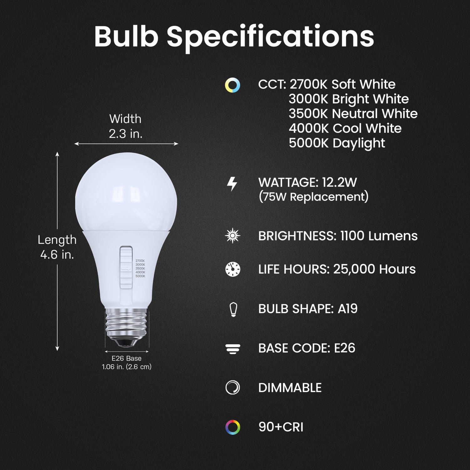 12.2W (75W Replacement) Adjustable White E26 Base A19 Dimmable Enhance LED Bulb (4-Pack)