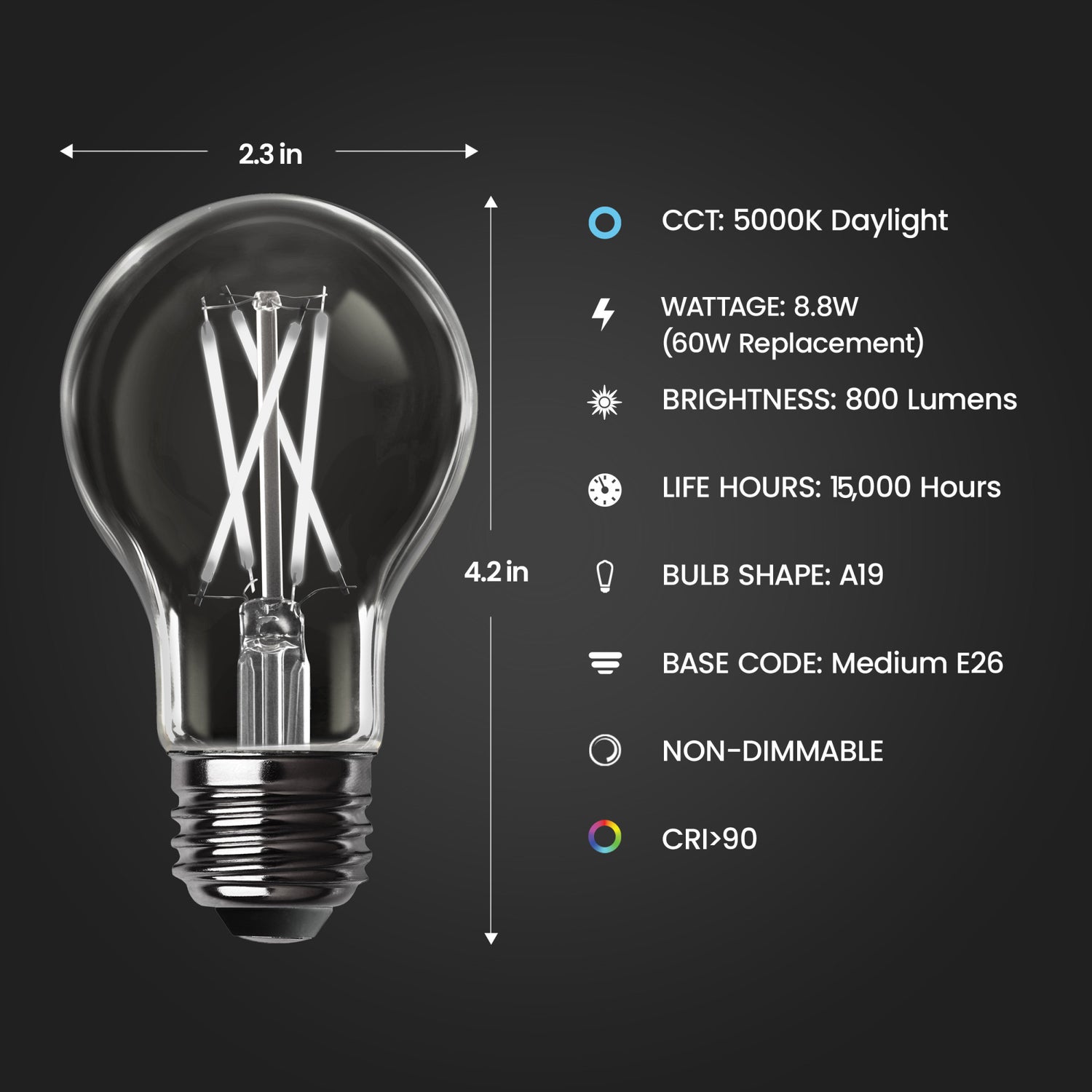 8.8W (60W Replacement) Daylight (5000K) E26 Base A19 Dusk to Dawn Filament LED