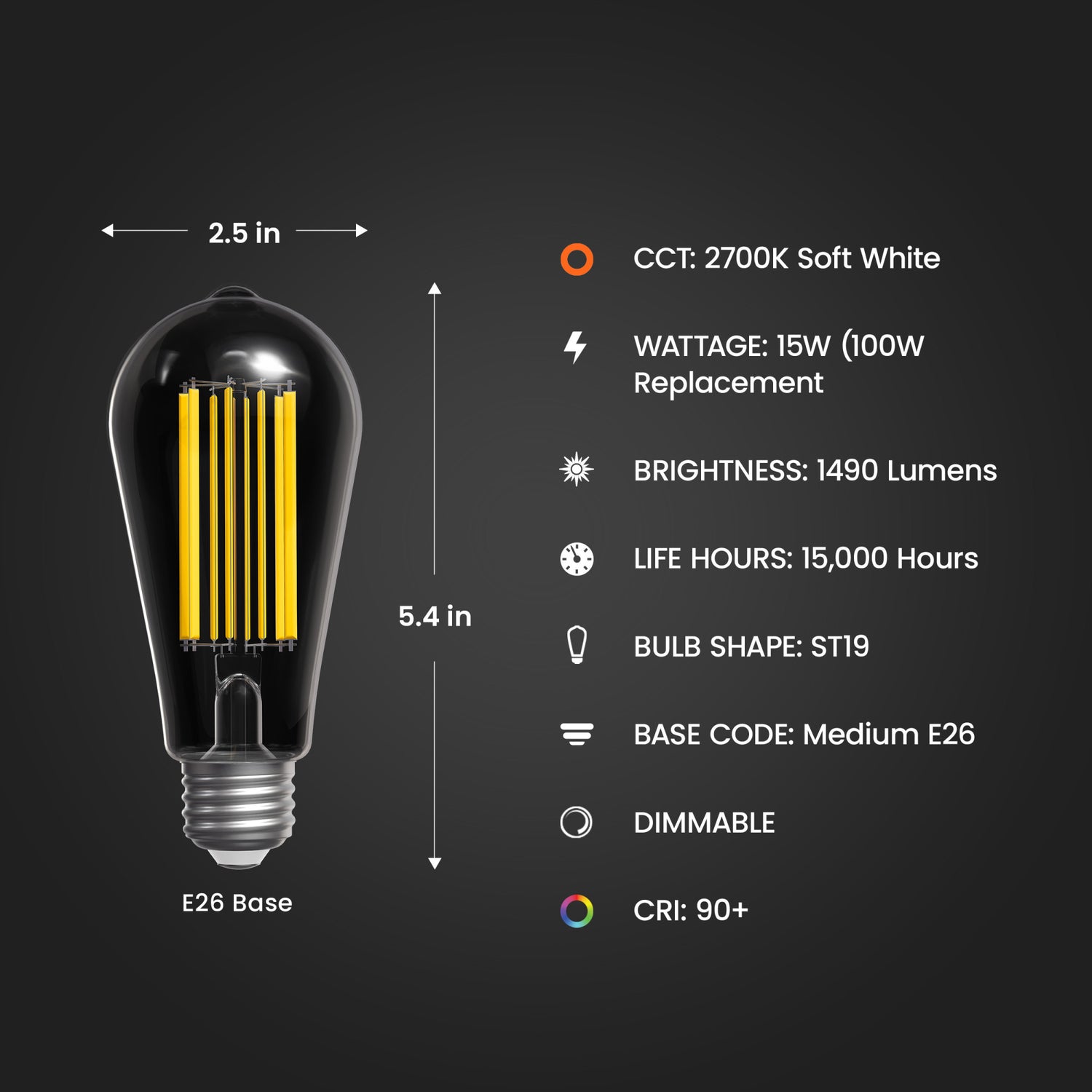 15W (100W Replacement) ST19 E26 Dimmable Straight Filament Clear Glass Original Vintage Edison LED Light Bulb, Soft White (2-Pack)