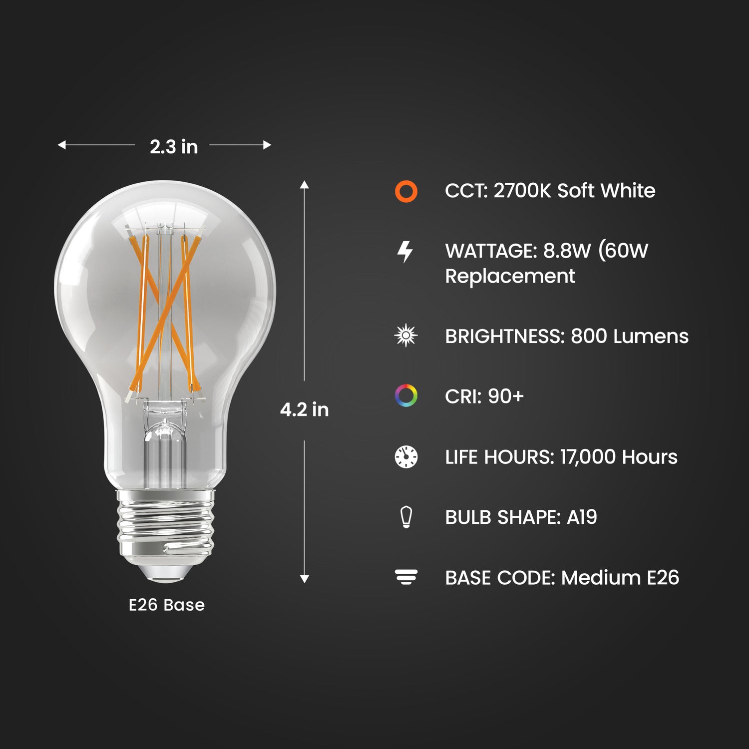 8.8W (60W Replacement) Soft White (2700K) A19 Medium E26 Base Enhance Dimmable Clear General Purpose LED Light Bulb (4-Pack)