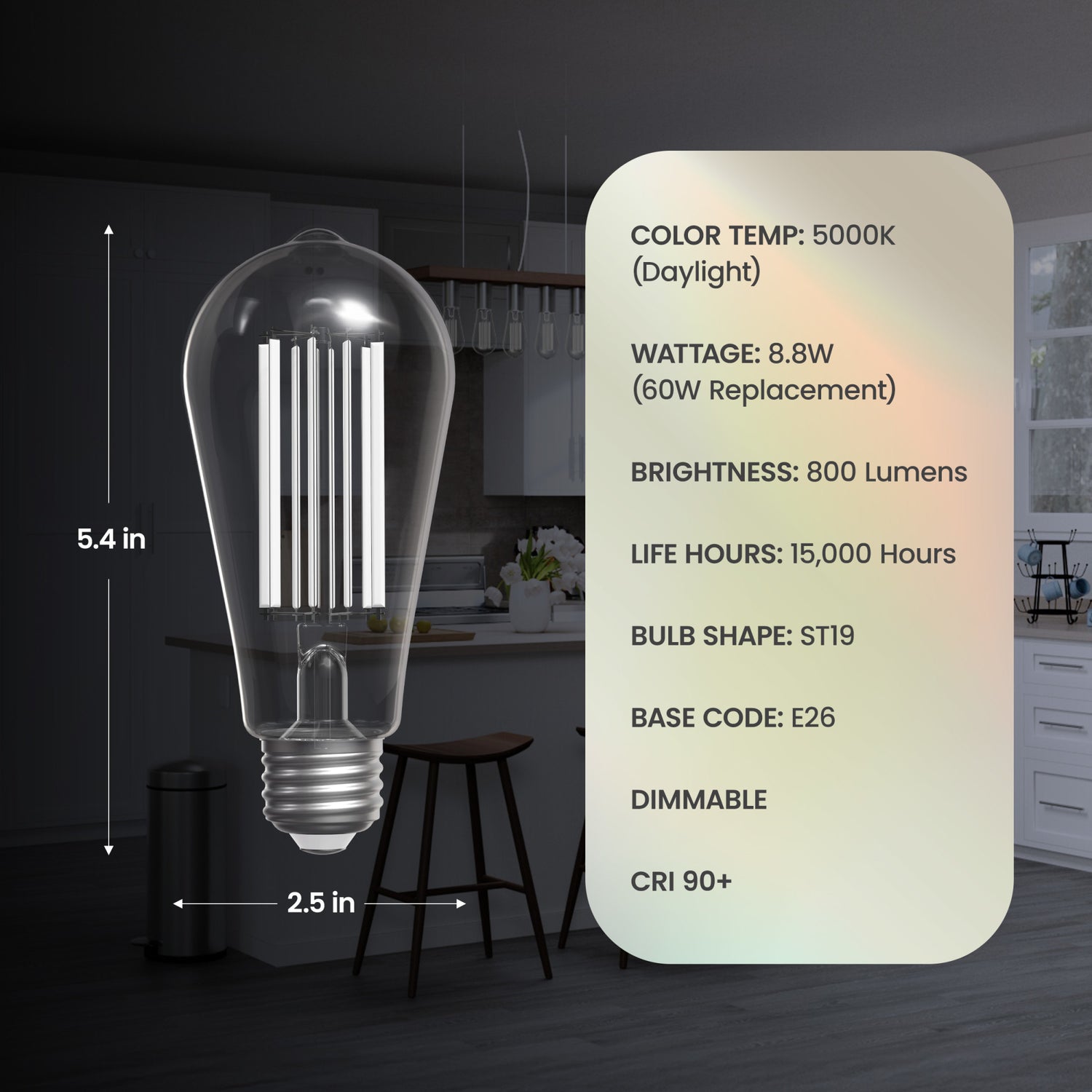 8.8W (60W Replacement) Daylight (5000K) ST19 Shape (E26 Base) LED Exposed White Filament Bulb (4-Pack)