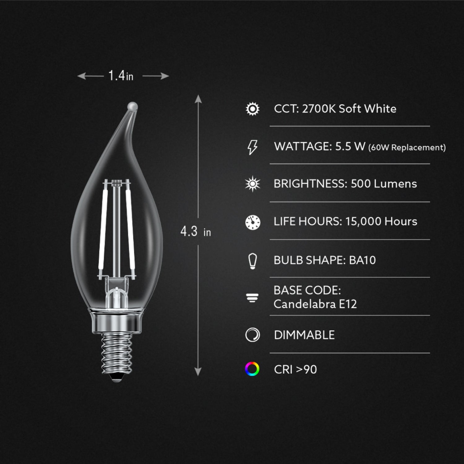 5.5W (60W Replacement) Soft White (2700K) B10 Shape (E12 Base) LED Flame Tip Exposed White Filament Bulb (4-Pack)