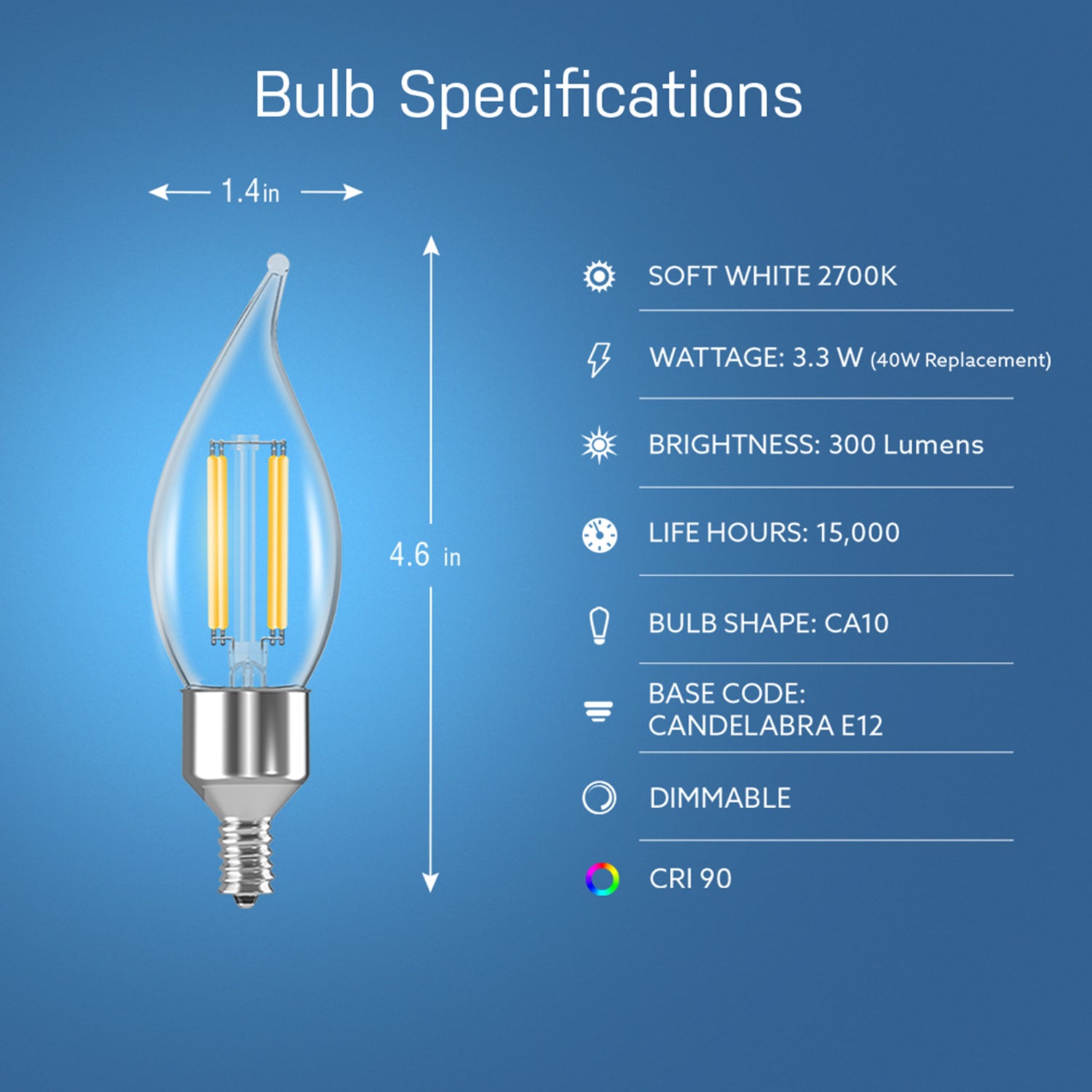 3.3W (40W Replacement) CA10 E12 Dimmable Clear Glass Vintage Decorative Smart Wifi LED Light Bulb, Soft White