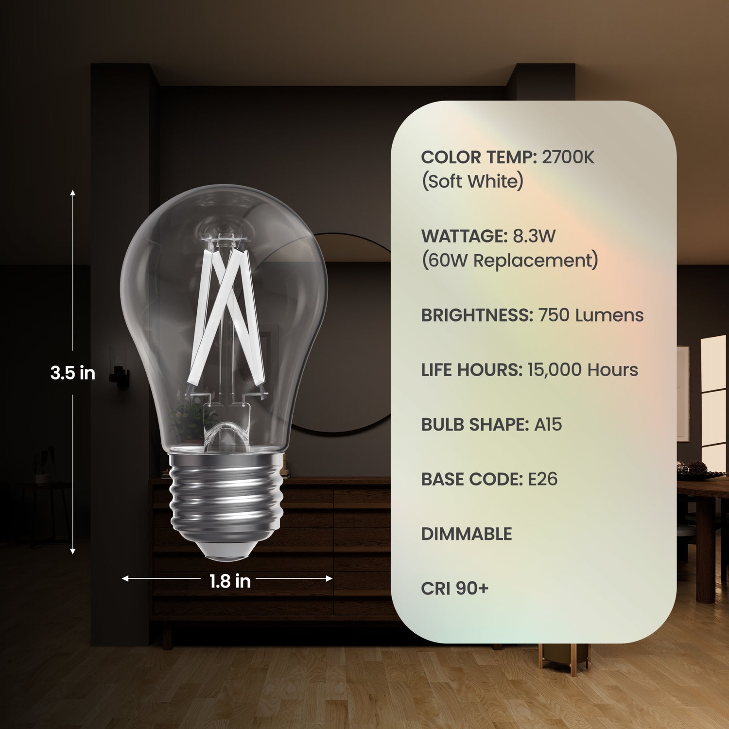 8.3W (60W Replacement) Soft White (2700K) A15 E26 Base Exposed White Filament LED Light Bulb (2-Pack)