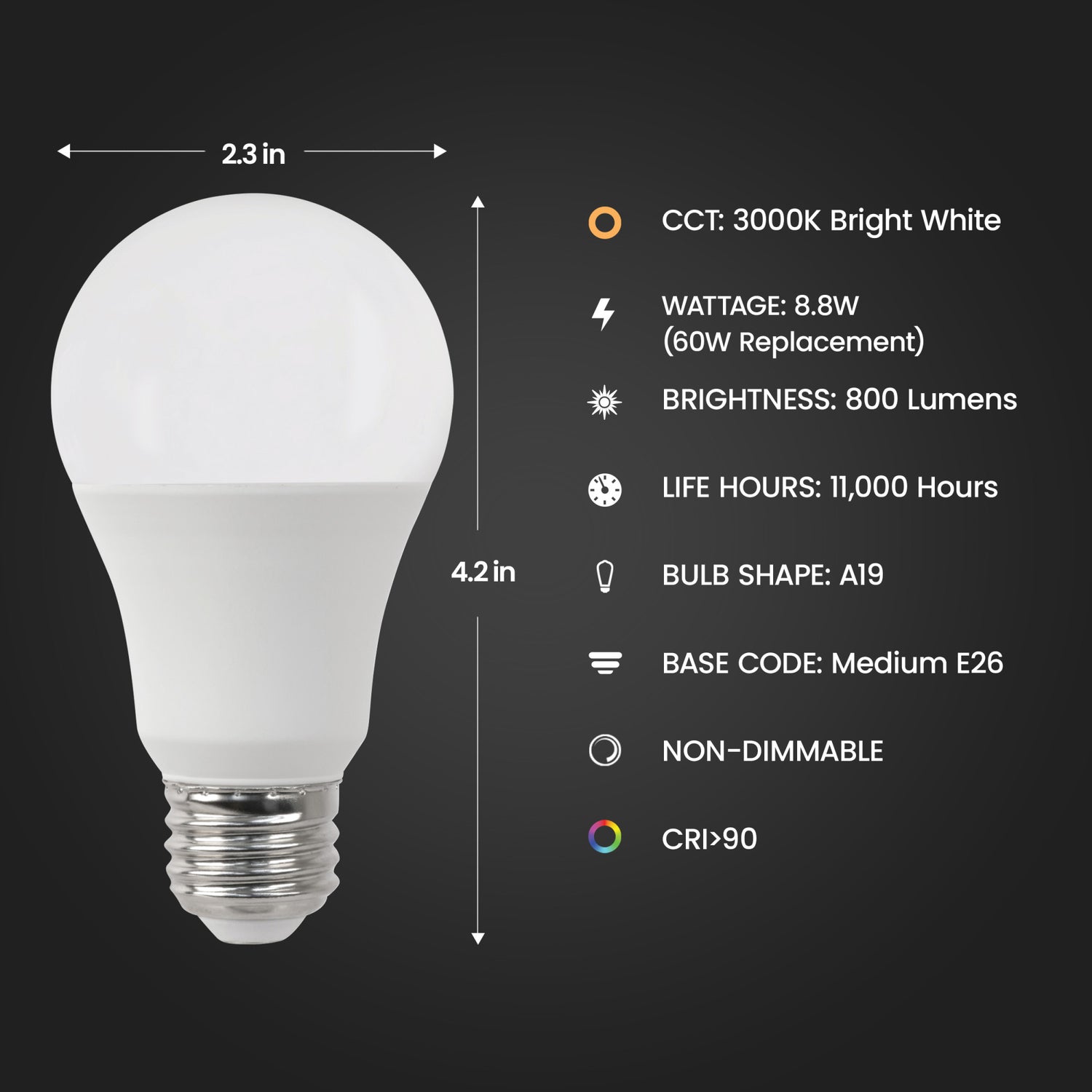 8.8W (60W Replacement) Bright White (3000K) A19 Garage Bulb LED