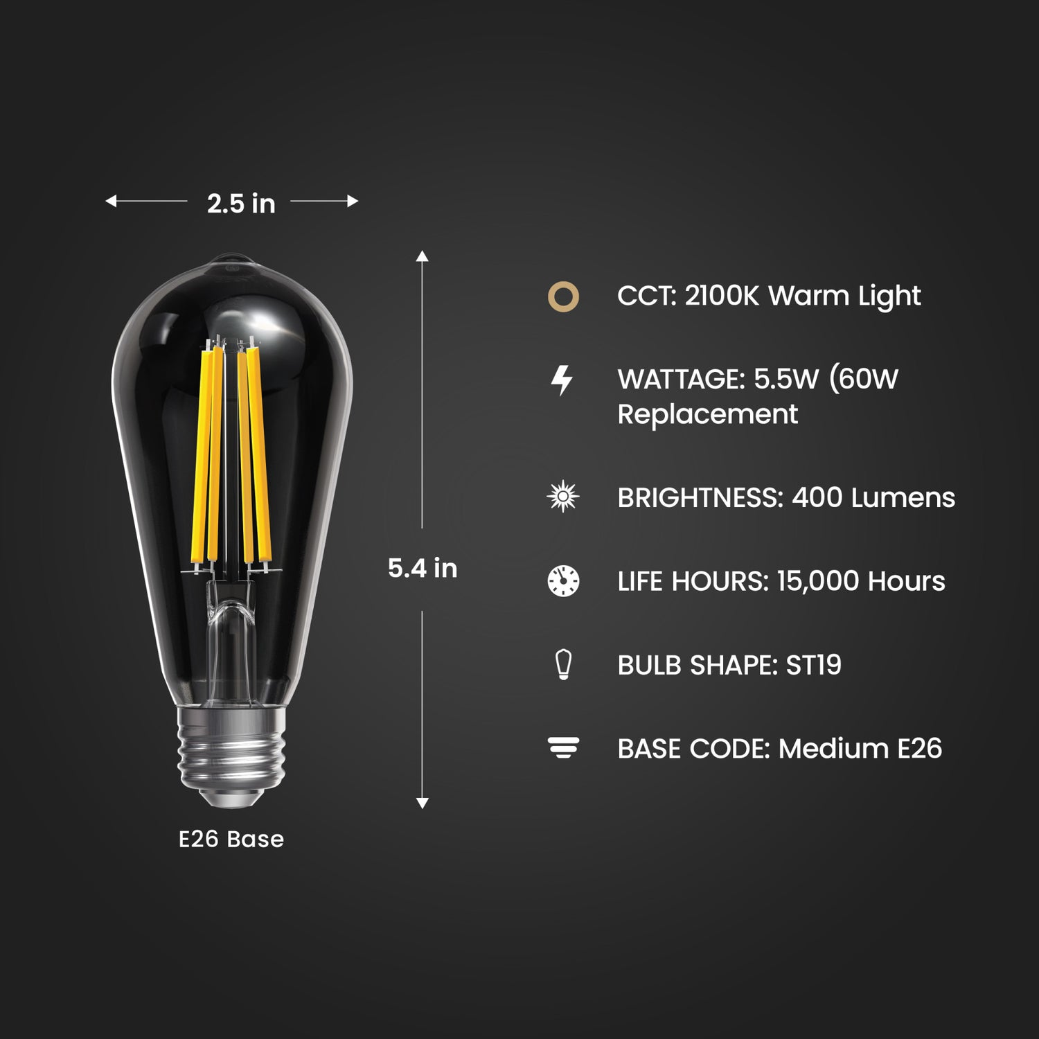 5.5W (60W Replacement) ST19 E26 Dimmable Straight Filament Clear Glass Vintage Edison LED Light Bulb, Warm Light (2-Pack)