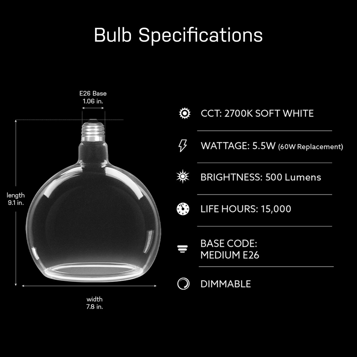 5.5W Soft White (2700K) Clear Globe White Filament LED Bulb