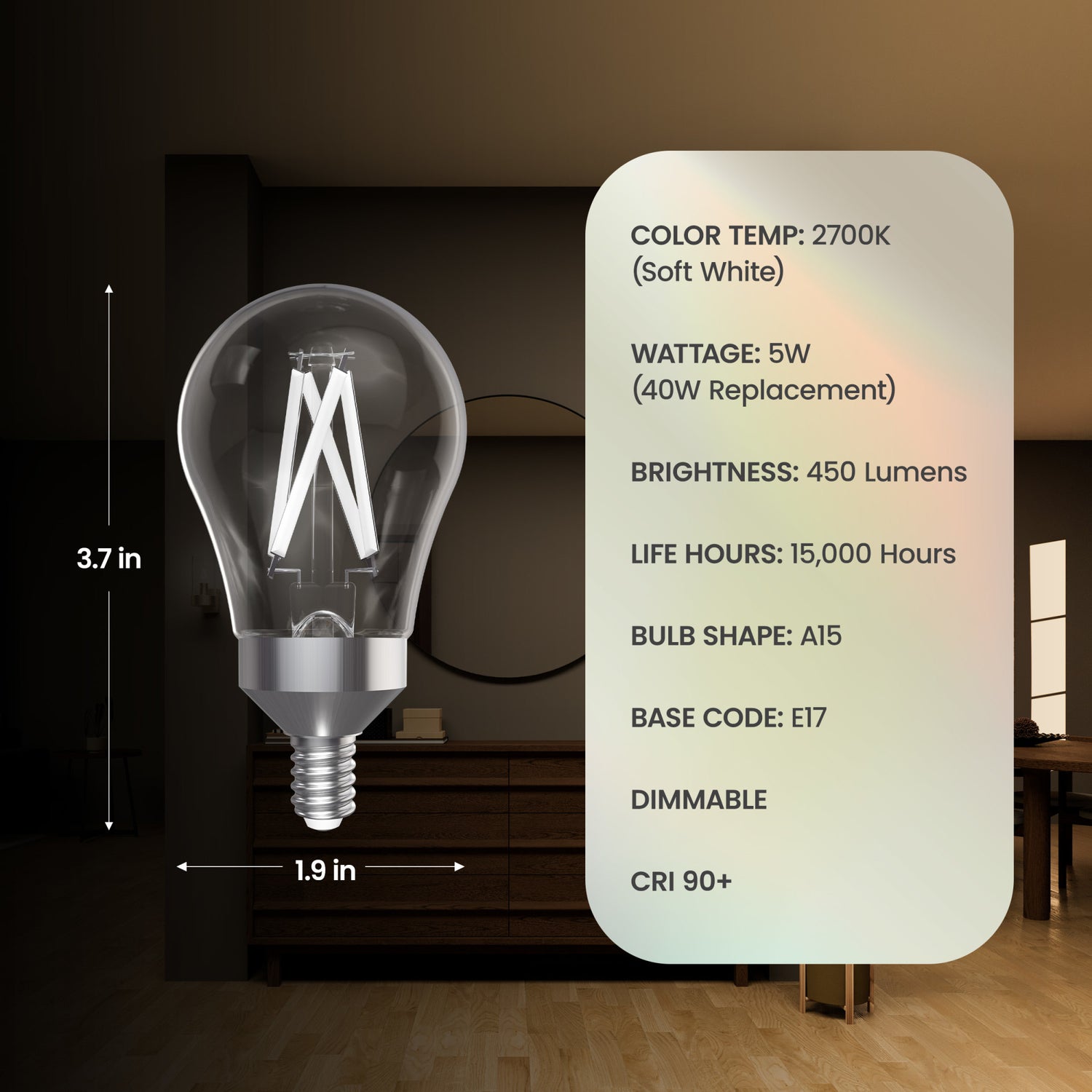 5W (40W Replacement) Soft White (2700K) A15 E17 Intermediate Base Exposed White Filament LED Light Bulb (2-Pack)