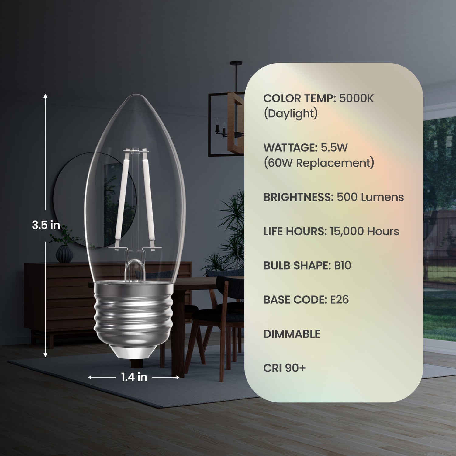5.5W (60W Equivalent) Daylight White (5000K) Chandelier B10 (E26 Base) Torpedo Tip White Filament LED Bulb (3-Pack)