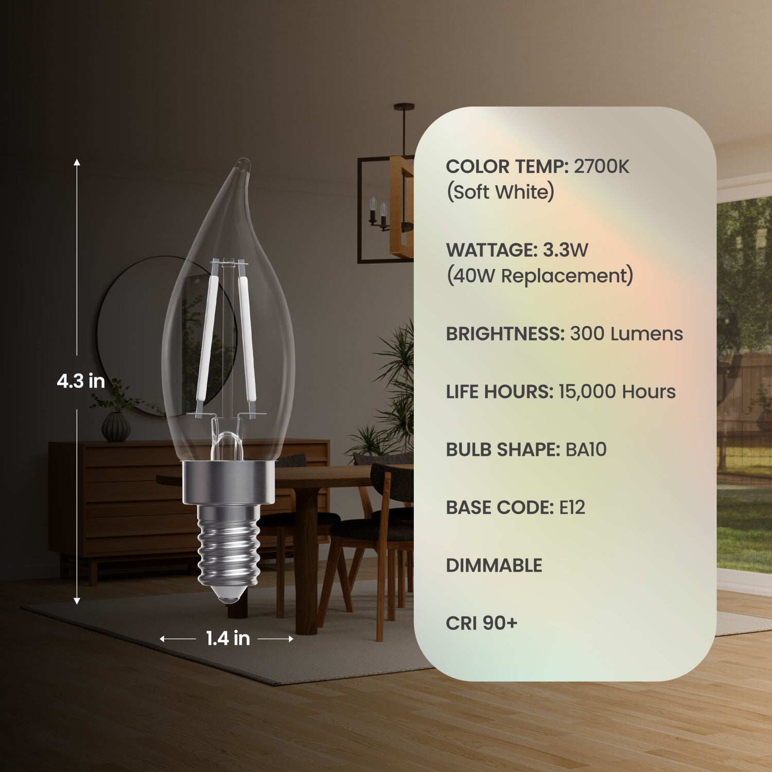 3.3W (40W Replacement) Soft White (2700K) Flame Tip BA10 (E12 Base) Exposed White Filament LED Bulb (3-Pack)