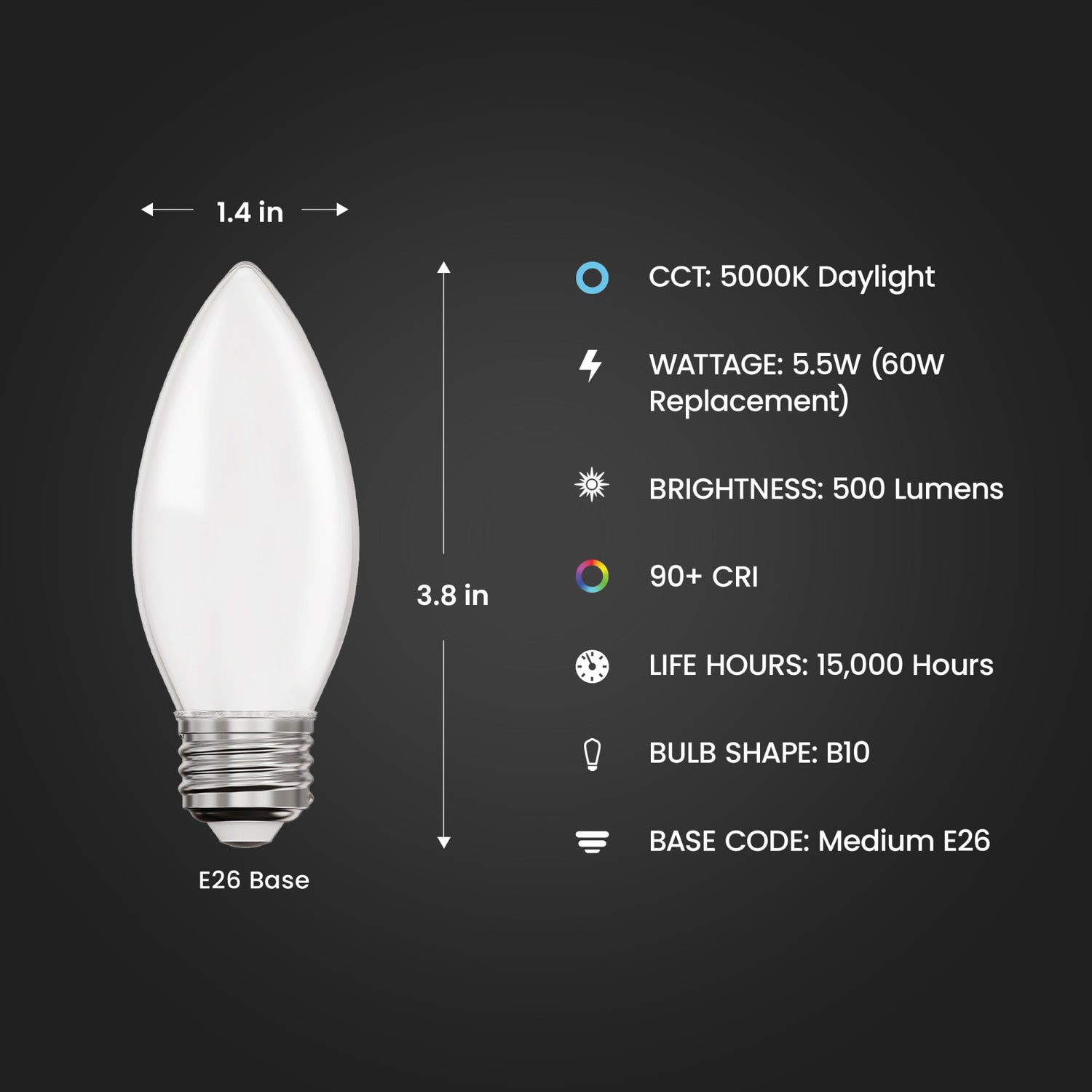 5.5W (60W Replacement) Daylight (5000K) B10 Torpedo Tip Dimmable LED Enhance Frosted Glass Filament Light Bulb (2-Pack)