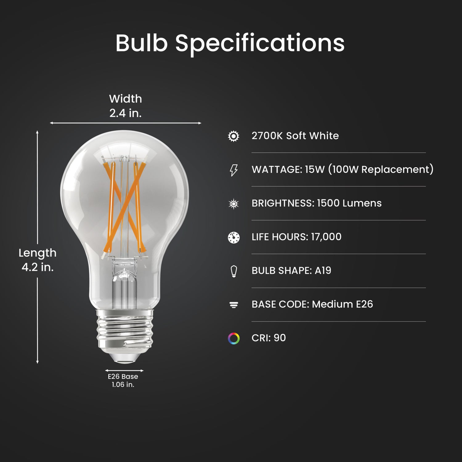 15W (100W Equivalent) Soft White (2700K) E26 Base A19 Dimmable Clear Glass Filament Enhance LED (2-Pack)