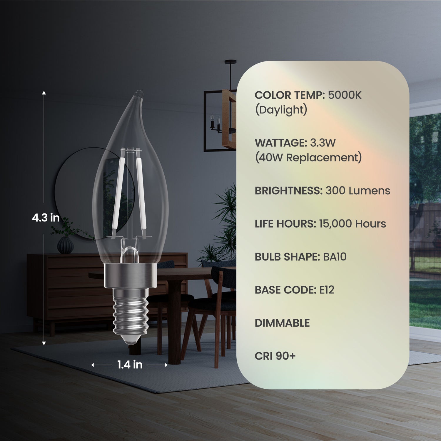 3.3W (40W Equivalent) Daylight White (5000K) BA10 (E12 Base) Flame Tip Exposed White Filament LED Bulb (3-Pack)
