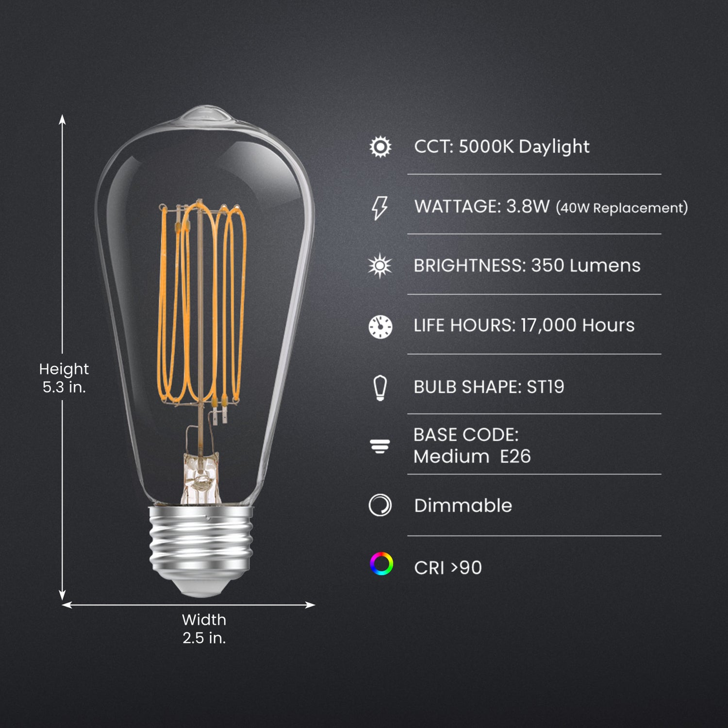 3.8W (40W Equivalent) ST19 E26 Dimmable Exposed Thin Filament Clear Glass Vintage Edison LED Light Bulb, Daylight (2-Pack)