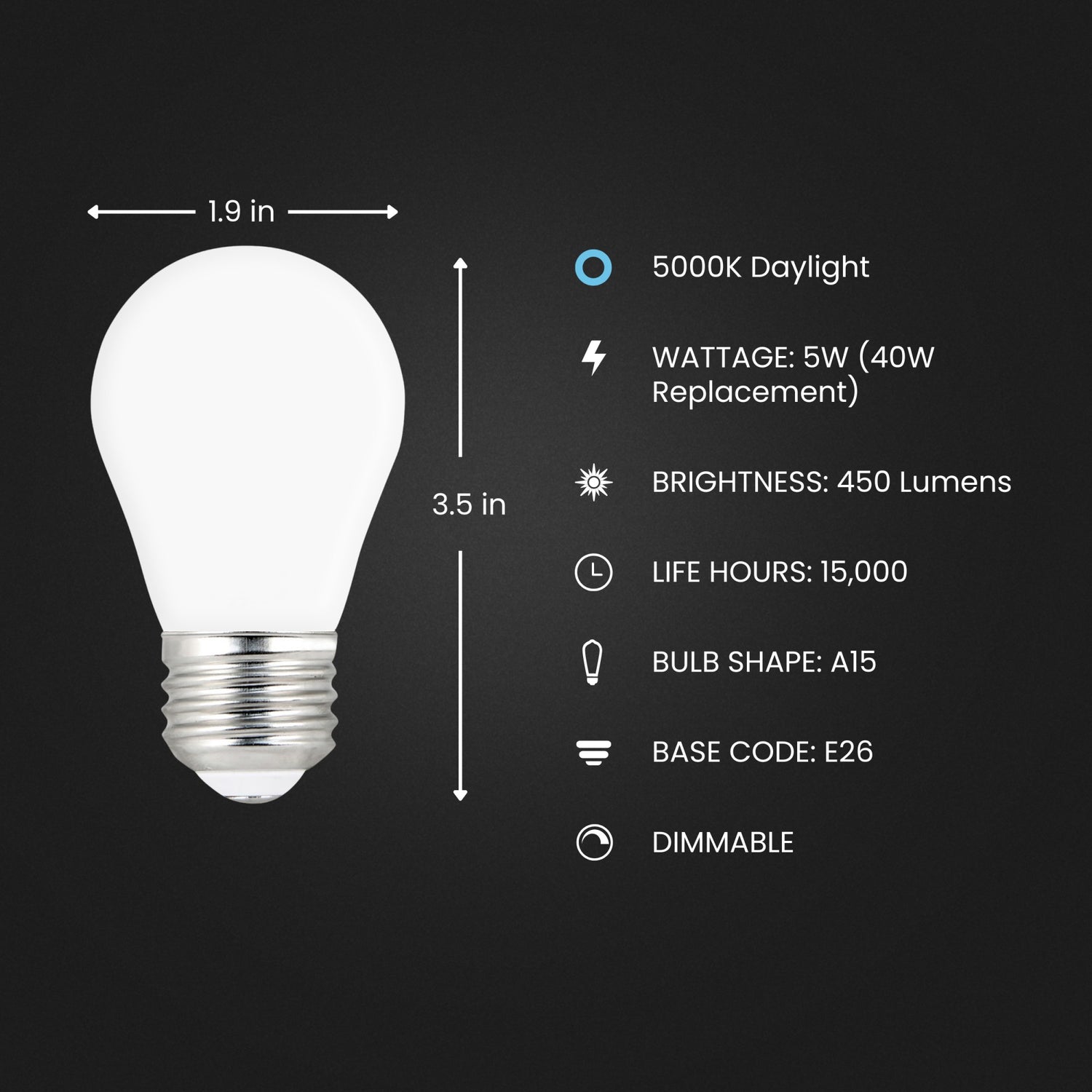 5W (40W Replacement) Daylight (5000K) E26 Base A15 Frosted Dimmable LED Glass Filament Light Bulb