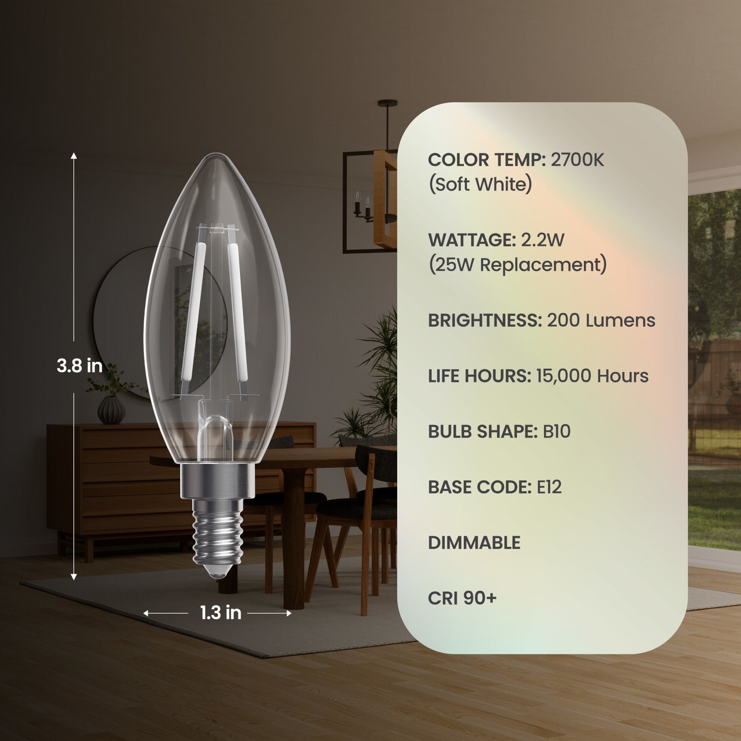 2.2W (25W Replacement) Soft White (2700K) B10 Shape (E12 Base) Torpedo Tip Exposed White Filament LED Bulb (3-Pack)