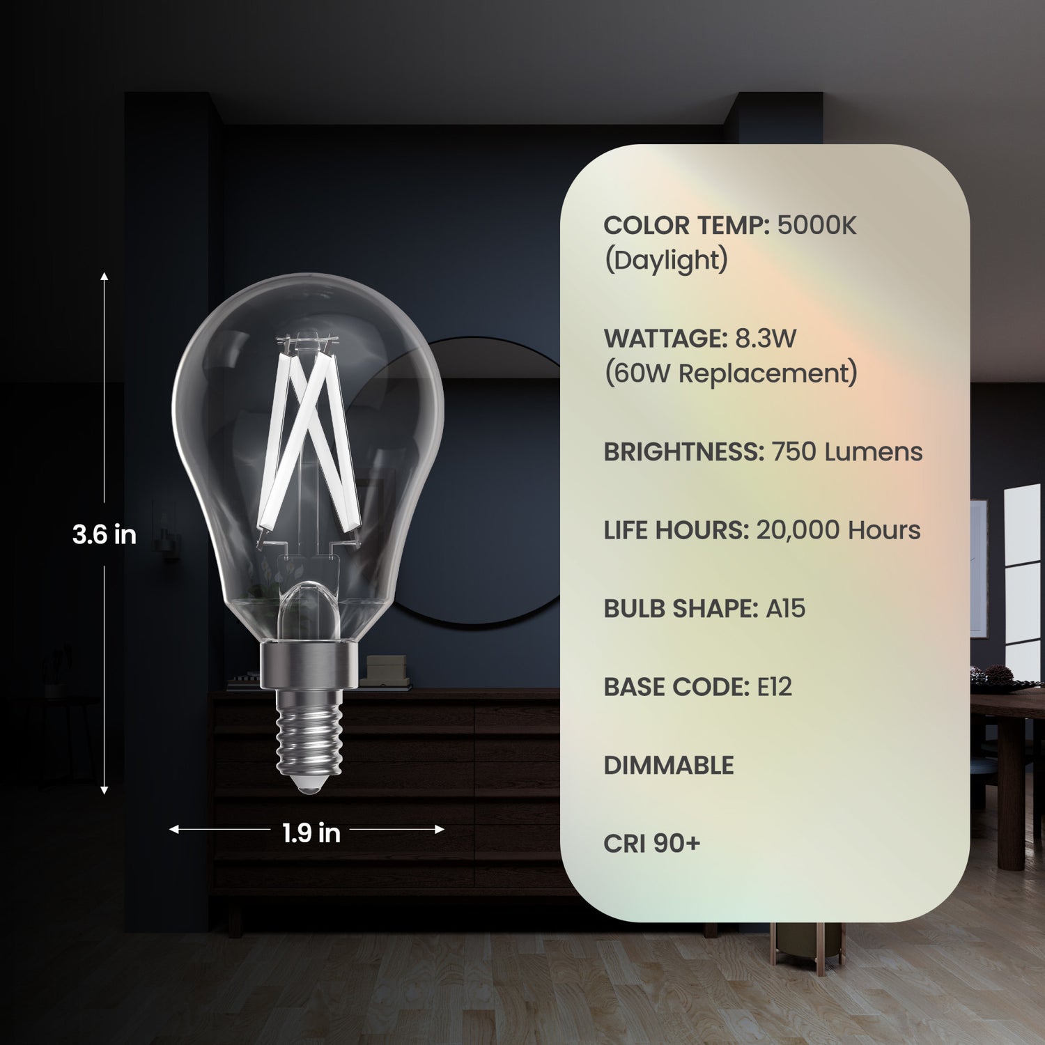8.3W (60W Replacement) Daylight (5000K) A15 E12 Chandelier Base Exposed White Filament LED Light Bulb (2-Pack)