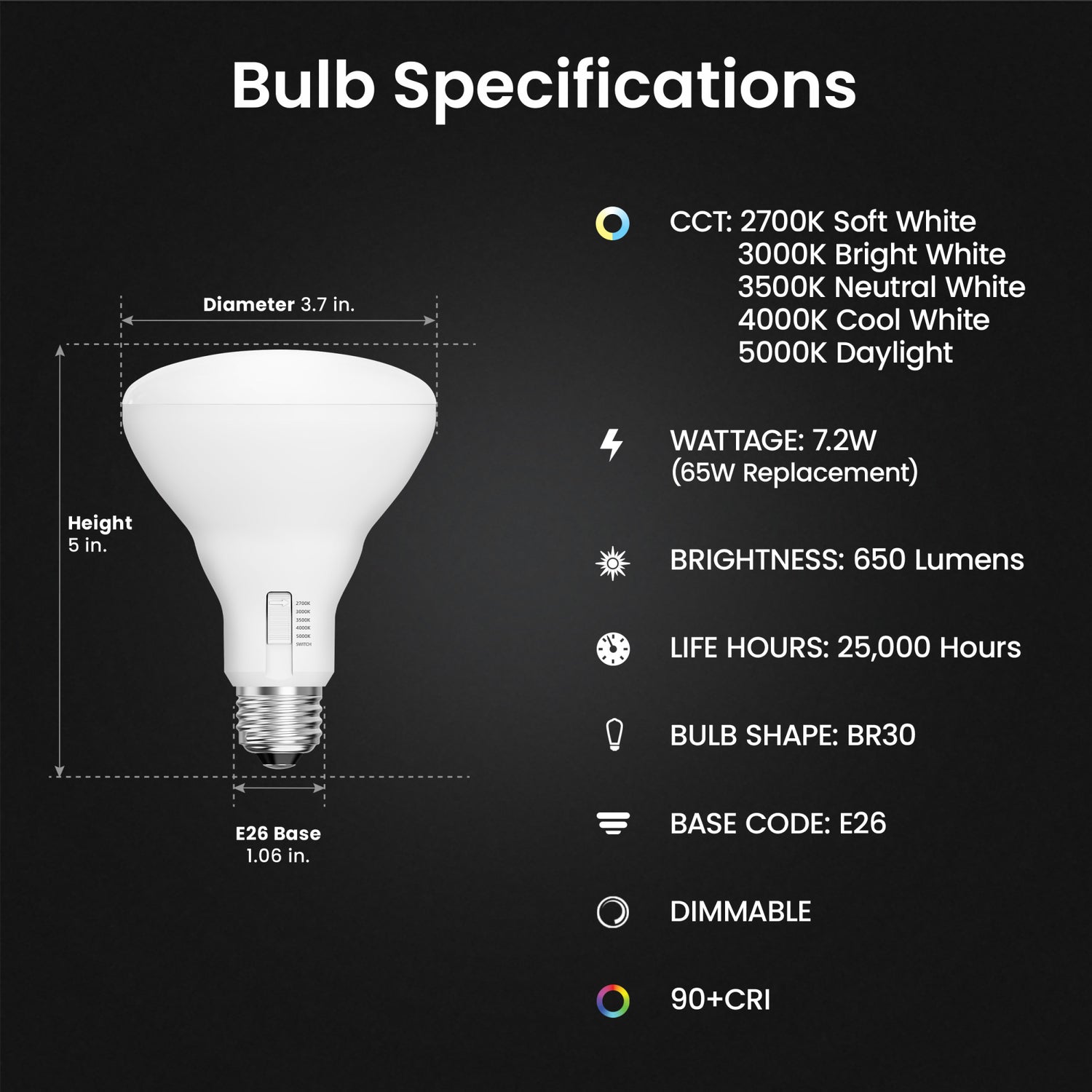 7.2W (65W Replacement) Adjustable White E26 Base Dimmable BR30 Enhance LED Bulb