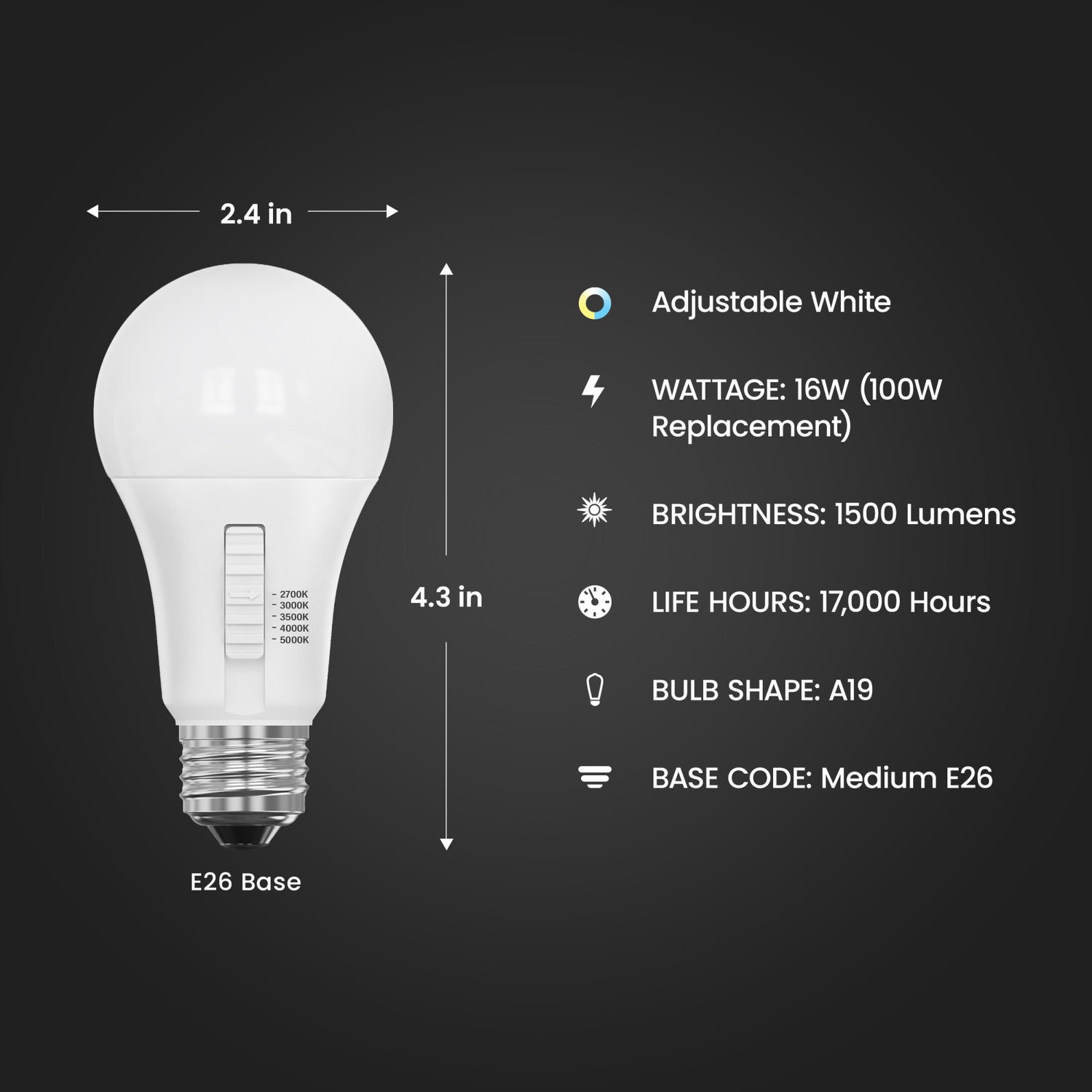 16W (100W Replacement) Adjustable White E26 Base A19 LED Bulb (6-Pack)