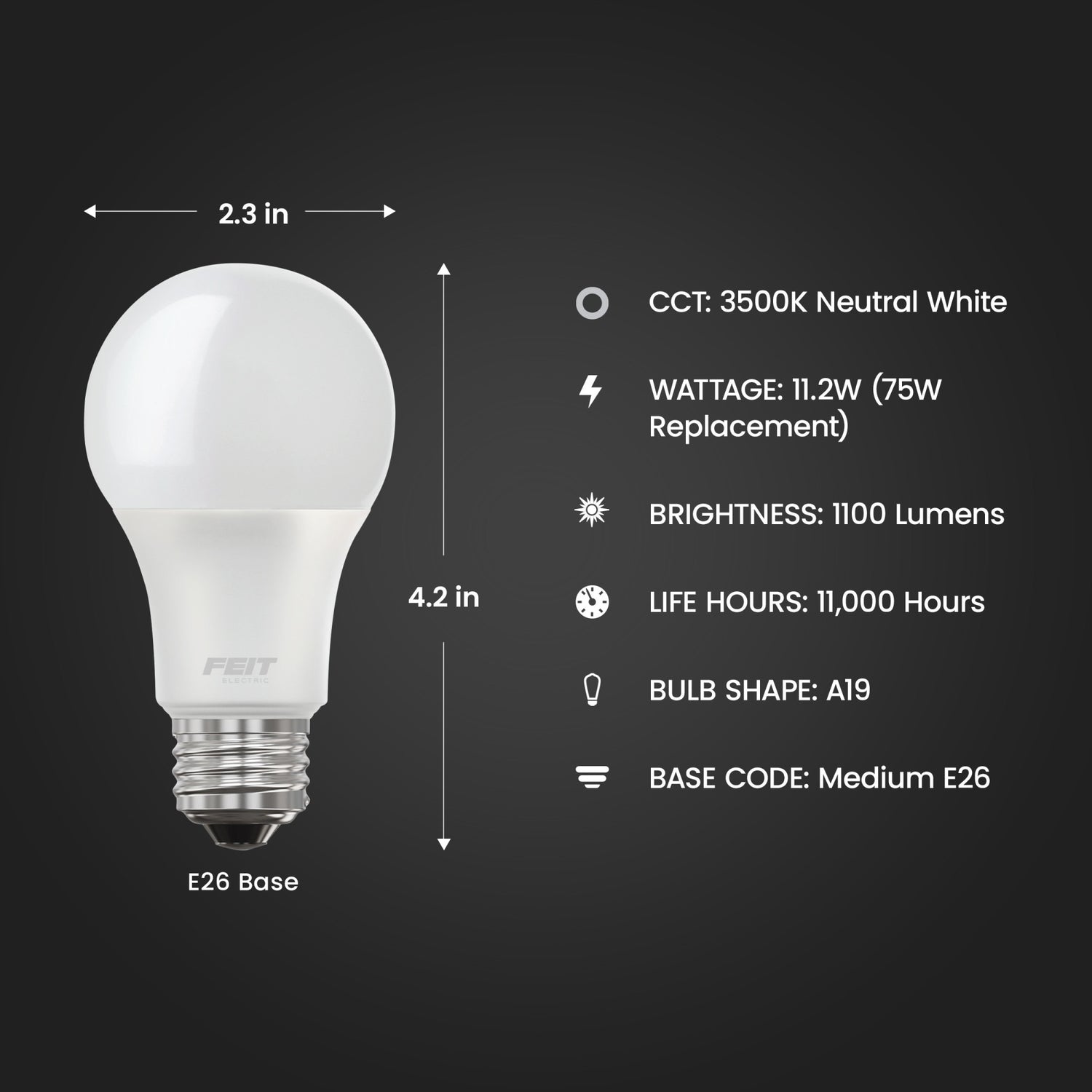11.2W (75W Replacement) Neutral White (3500K) E26 Base A19 Non-Dimmable General Purpose LED Bulb (4-Pack)