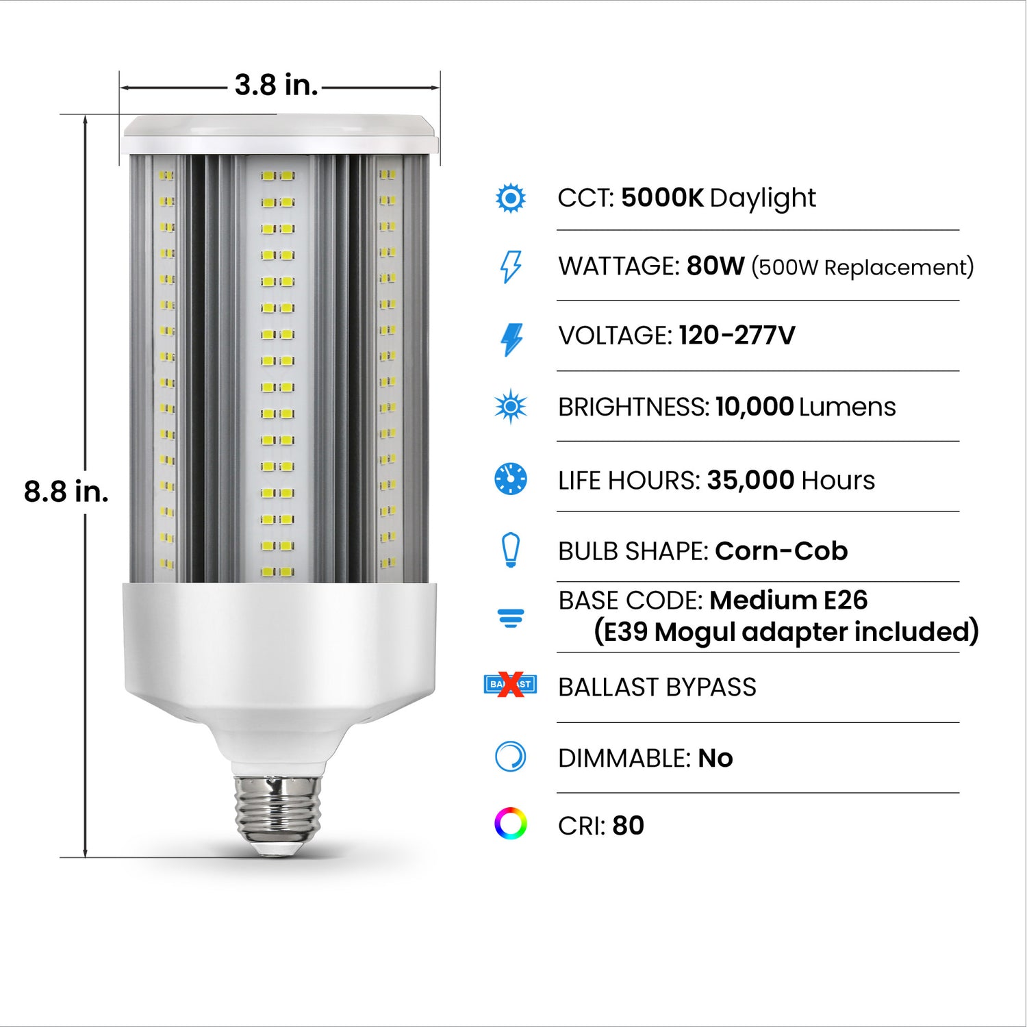 80W (500W Replacement) Daylight (5000K) Corn Cob E26 Base with E39 Mogul Adapter High Lumen HID Utility LED Light Bulb