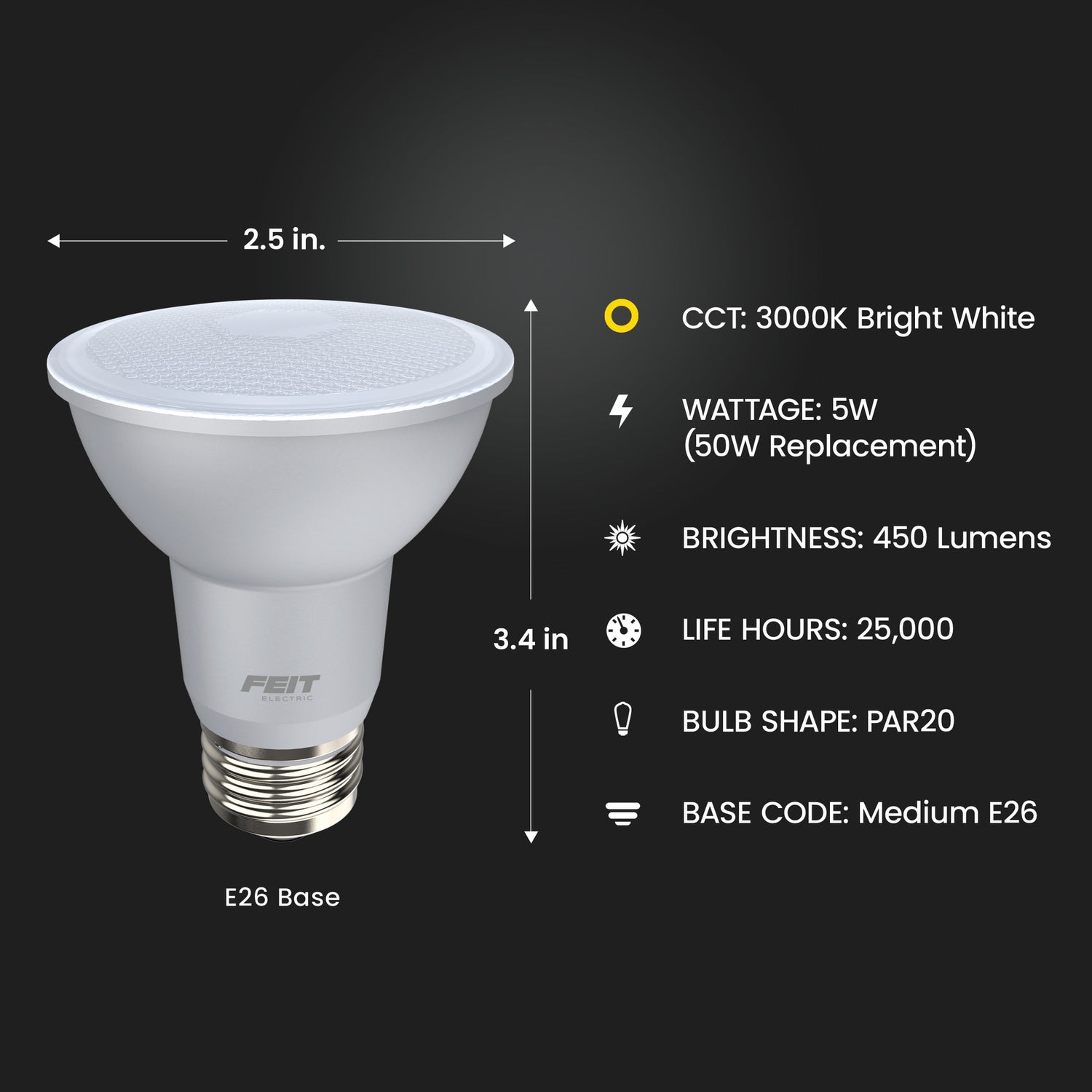 5W (50W Replacement) Bright White (3000K) E26 Base PAR20 Dimmable Enhance Reflector LED Light Bulb