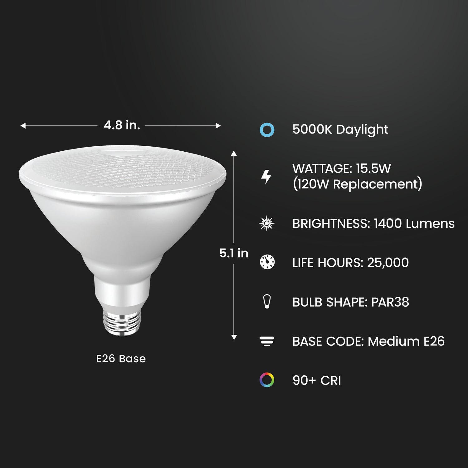 15.5W (120W Replacement) Daylight (5000K) E26 Base PAR38 Dimmable Enhance Reflector LED