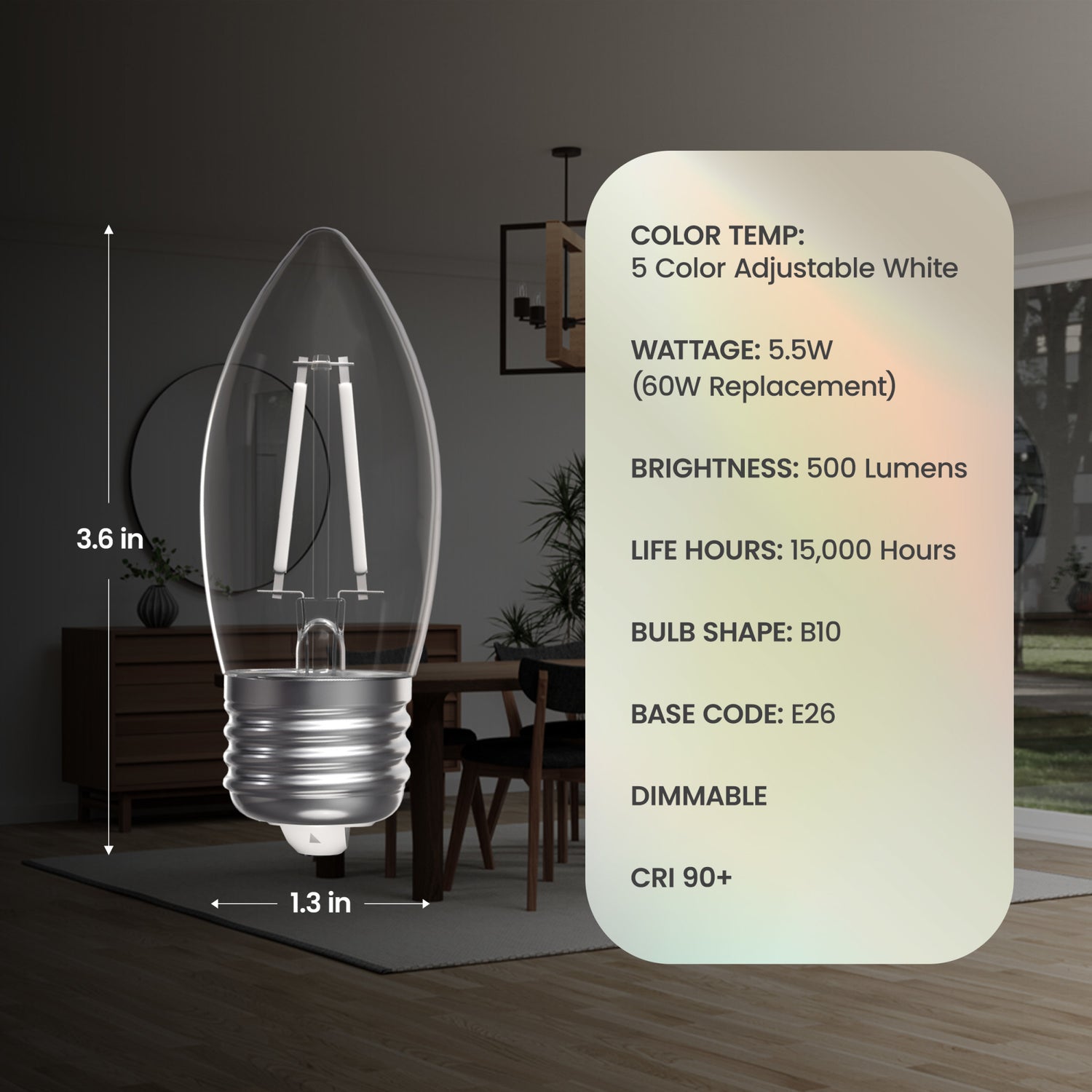 5.5W (60W Equivalent) Selectable White E26 Base BA10 Dimmable Torpedo Tip White Filament LED Bulb (3-Pack)