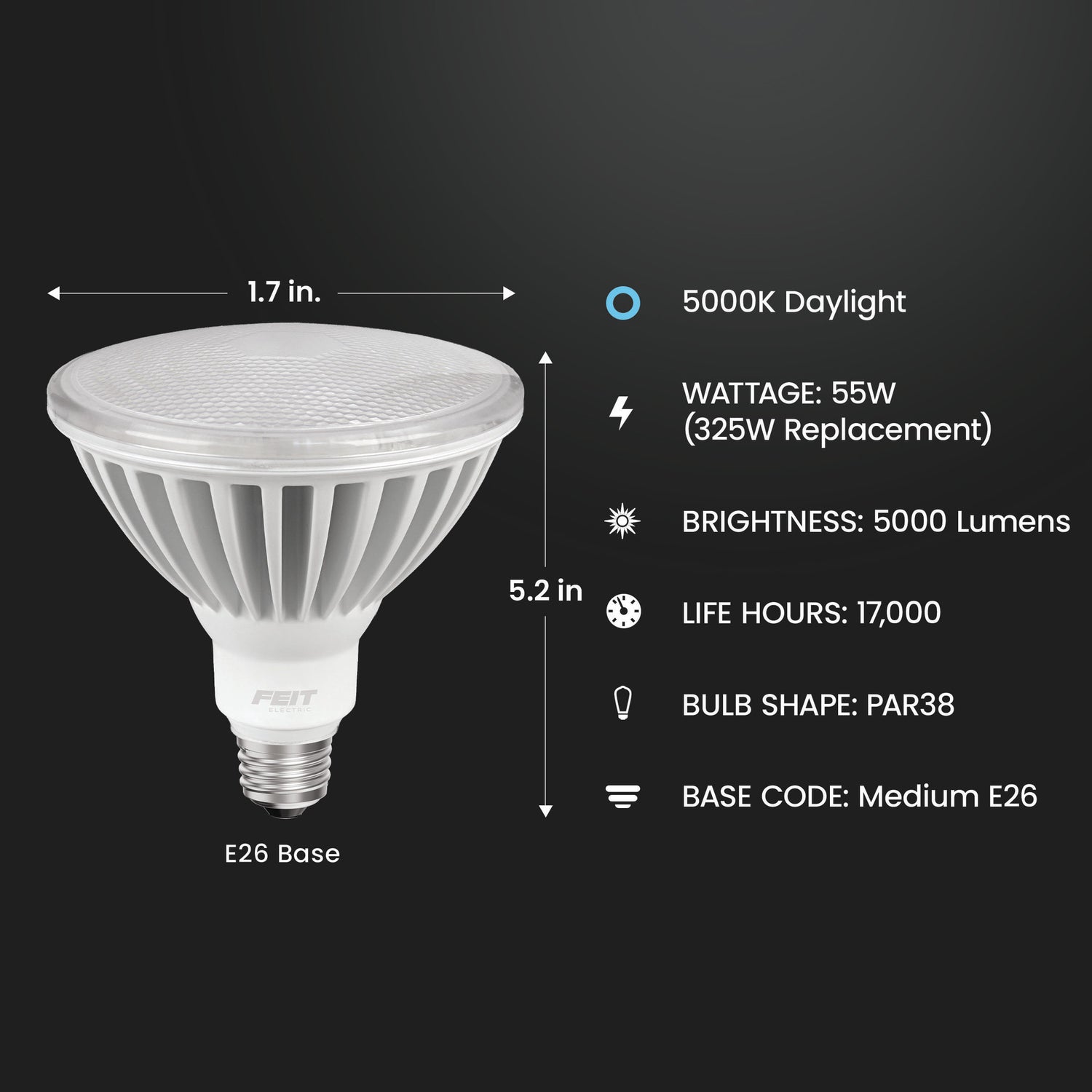 55W (325W Replacement) Daylight (5000K) E26 Base PAR38 High Lumen Non-Dimmable LED