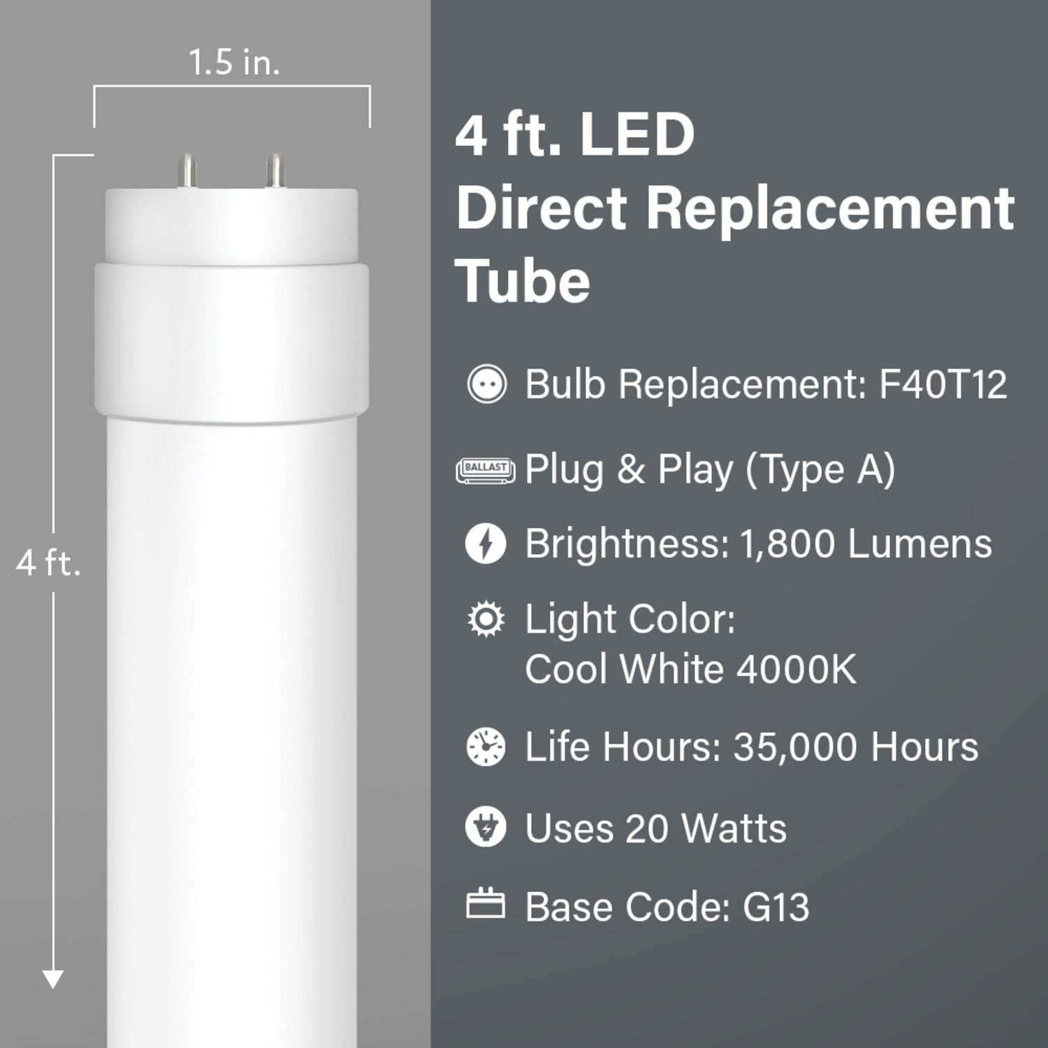 4 ft. 20W (40W Equivalent) Cool White (4000K) G13 Base (T12 Replacement) Direct Replacement (Type A LED) Linear Tube (25-Pack)