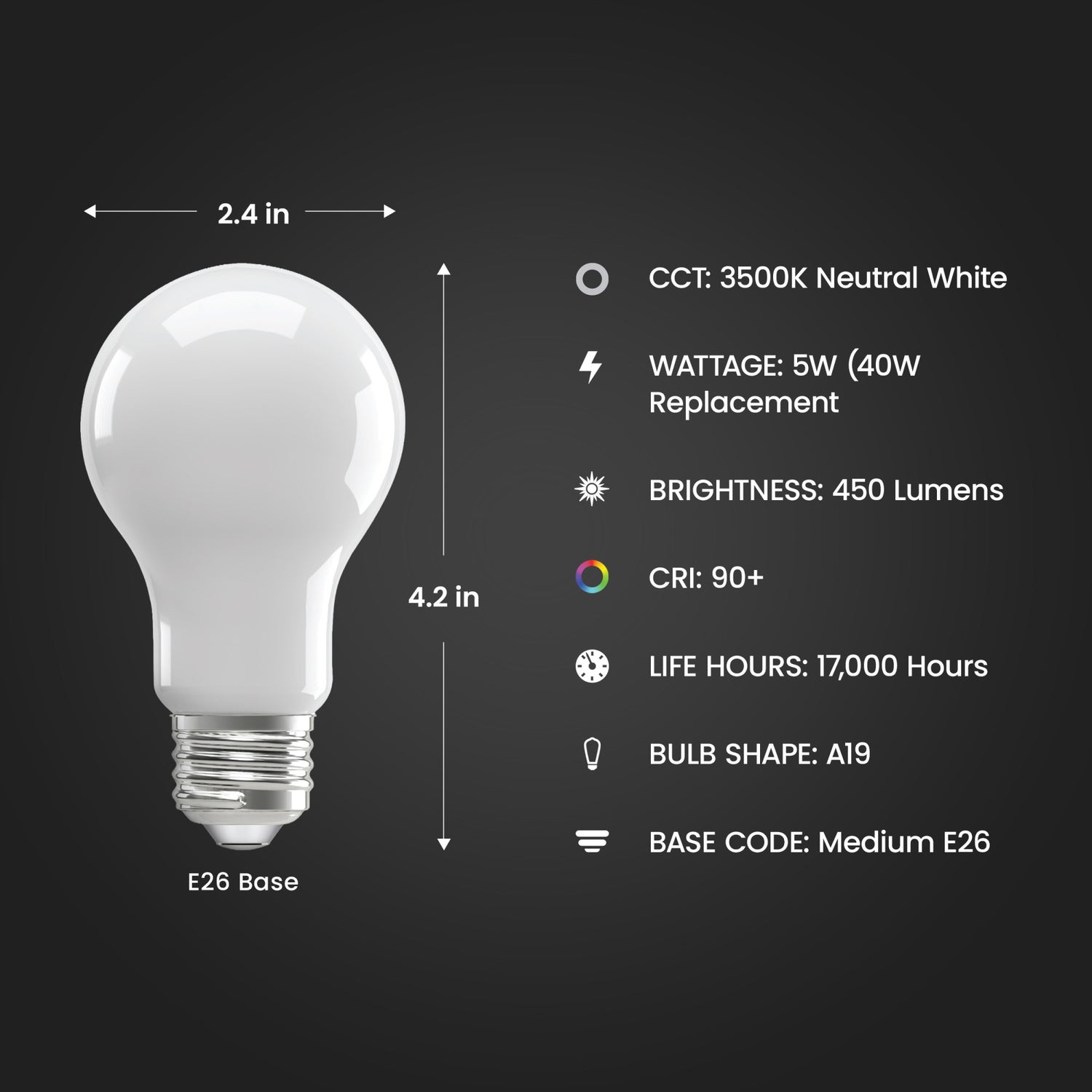 5W (40W Replacement) Neutral White (3500K) Medium E26 Base A19 Enhance Dimmable General Purpose LED Light Bulb (4-Pack)
