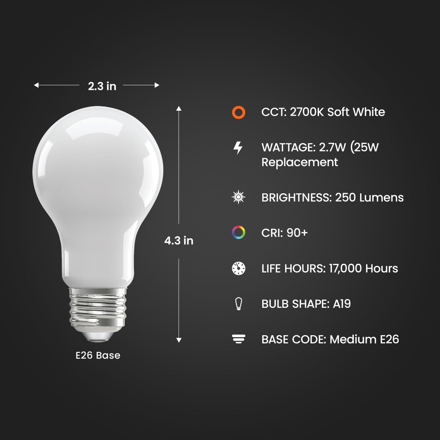 2.7W (25W Replacement) Soft White (2700K) A19 Medium E26 Base Enhance Dimmable General Purpose LED Light Bulb (4-Pack)