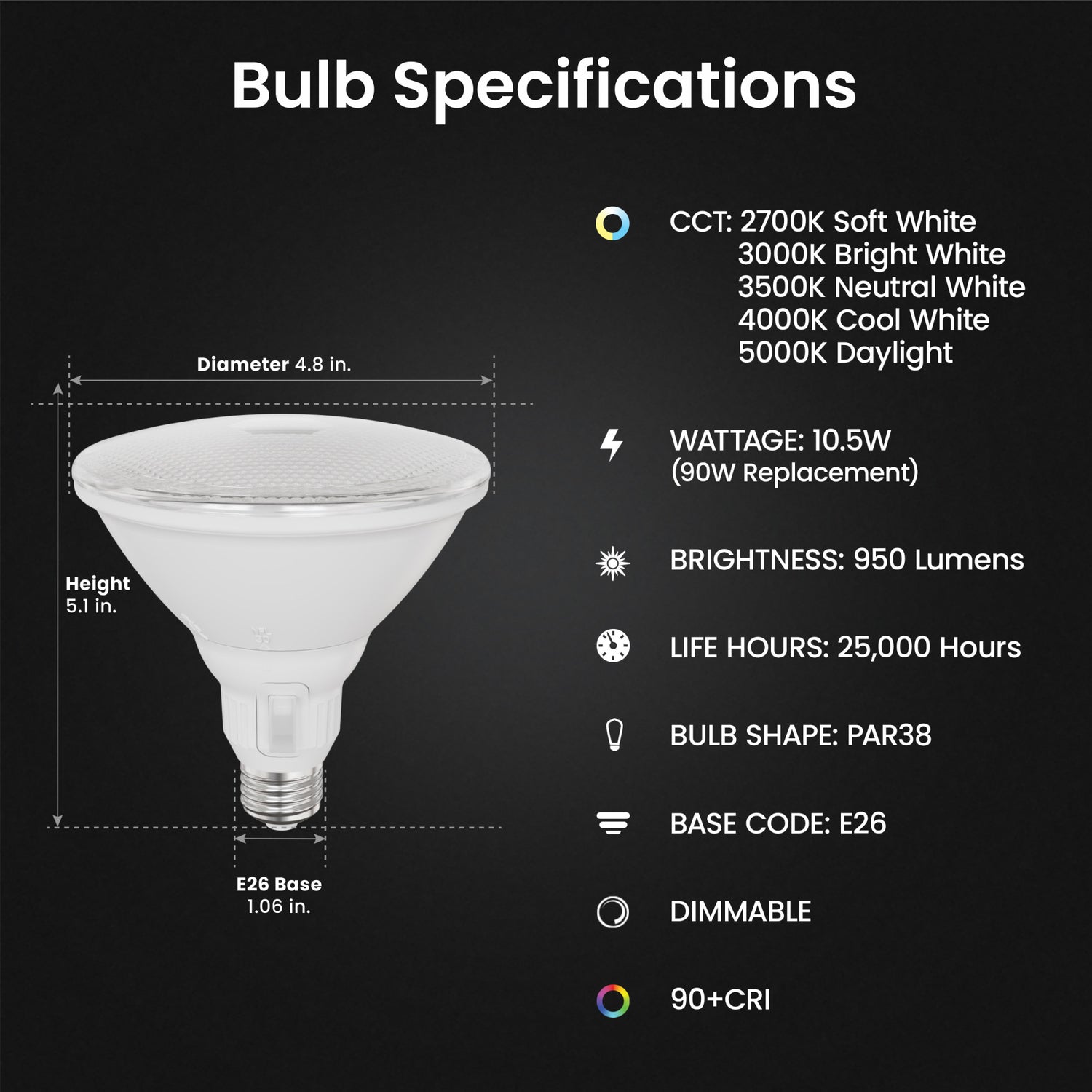 10.5W (90W Replacement) Adjustable White E26 Base PAR38 Dimmable Beam Choice Enhance LED Bulb