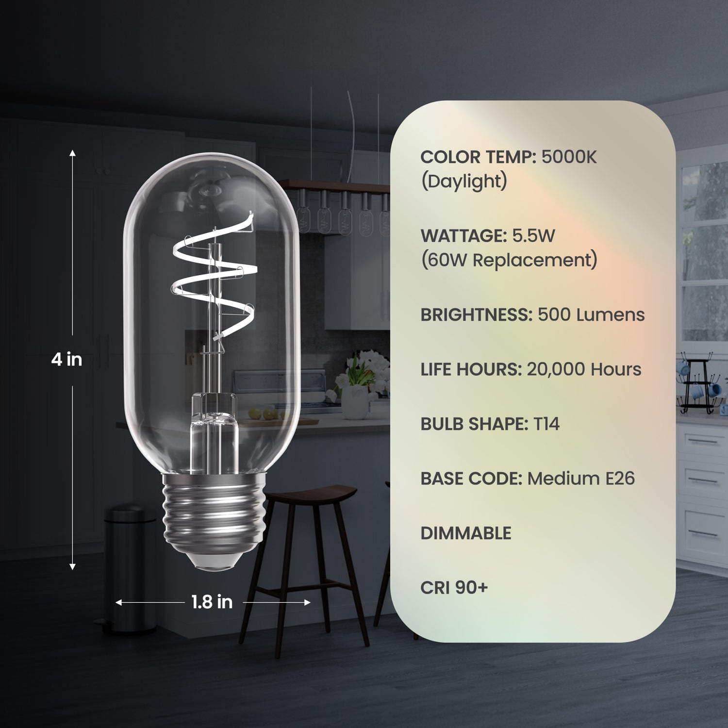 5.5W (60W Replacement) T14 E26 Dimmable Designer Spiral White Filament LED Bulb, Daylight (2-Pack)