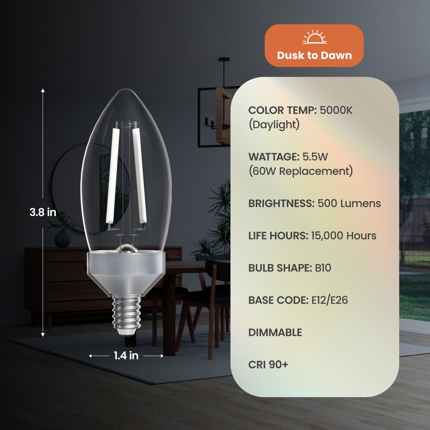 5.5W (60W Replacement) Daylight (5000K) E12/E26 Base B10 Dimmable Dusk to Dawn Torpedo Tip White Filament LED Bulb (3-Pack)