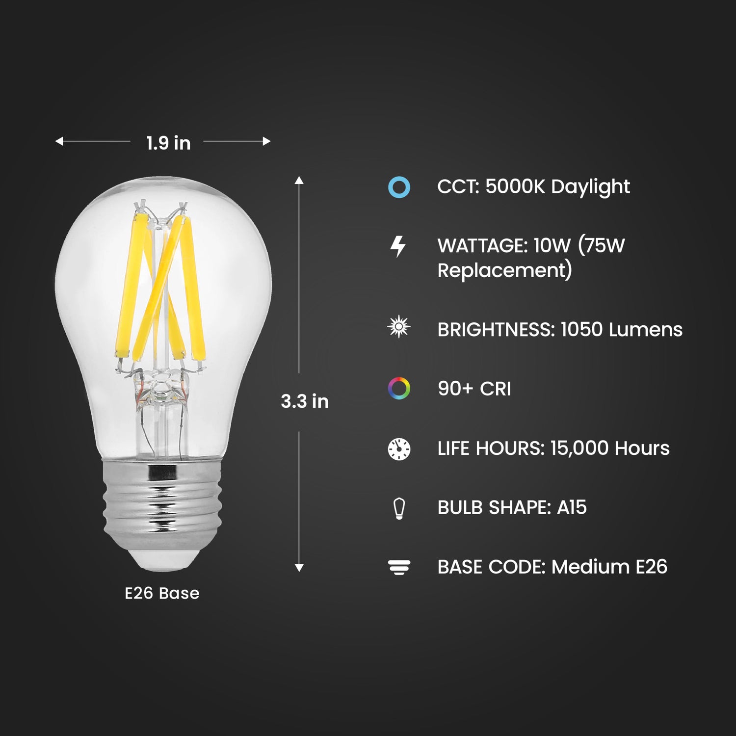 10W (75W Replacement) Daylight (5000K) E26 Base A15 Dimmable Enhance Filament LED (2-Pack)