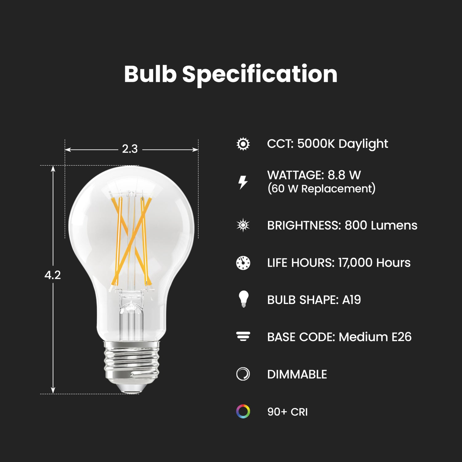 8.8W (60W Replacement) Daylight (5000K) Medium E26 Base A19 Enhance Dimmable Clear General Purpose LED Light Bulb (4-Pack)