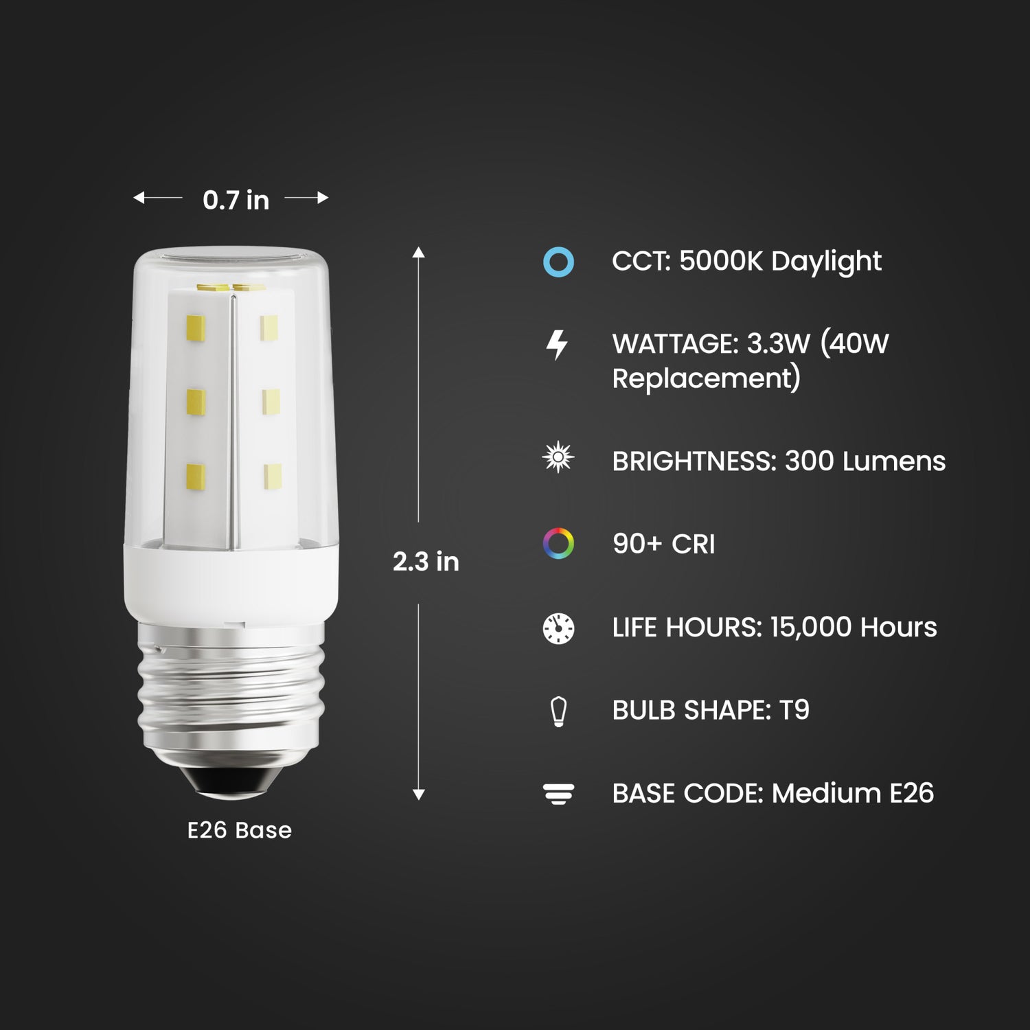 3.3W (40W Replacement) Daylight (5000K) E26 Base T9 Non-Dimmable Appliance LED