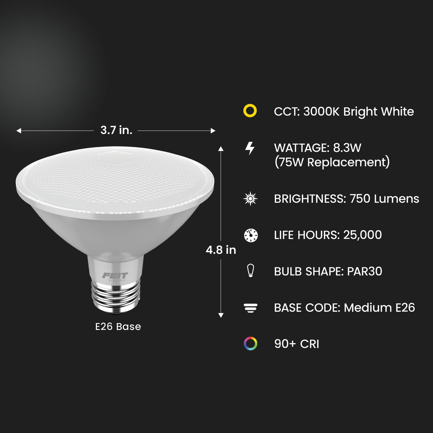 8.3W (75W Replacement) Bright White (3000K) E26 Base PAR30 Short Neck Dimmable Enhance Reflector LED