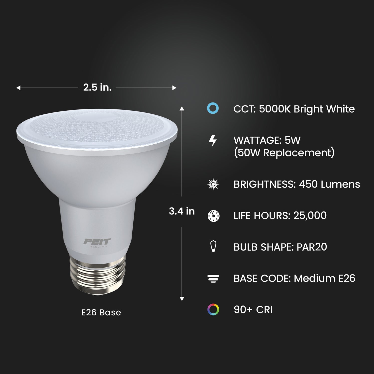 5W (50W Replacement) Daylight (5000K) E26 Base PAR20 Dimmable Enhance Reflector LED