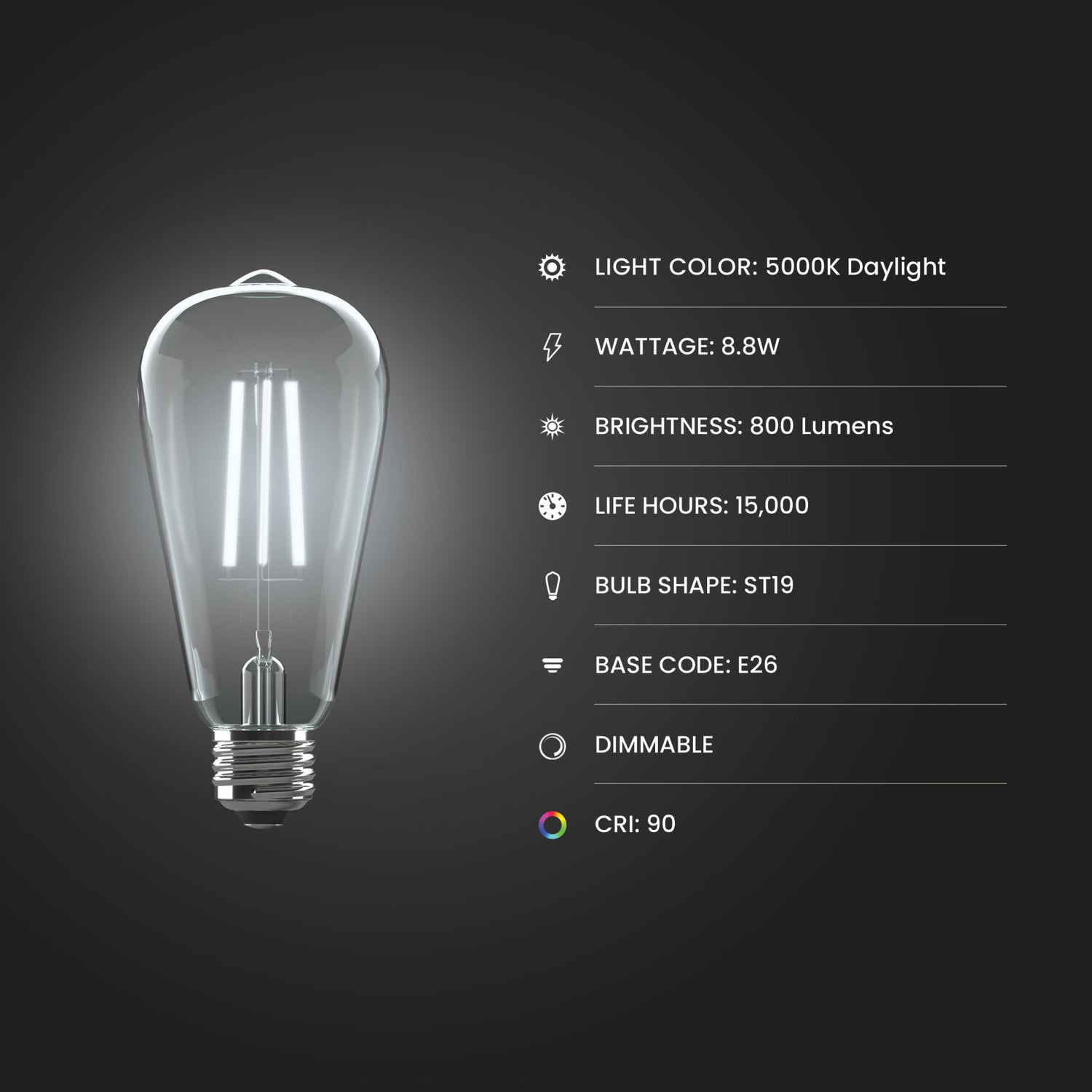 8.8W (60W Replacement) ST19 E26 Dimmable Enhance Straight Filament Clear Glass Vintage Edison LED Light Bulb, Daylight (4-Pack)