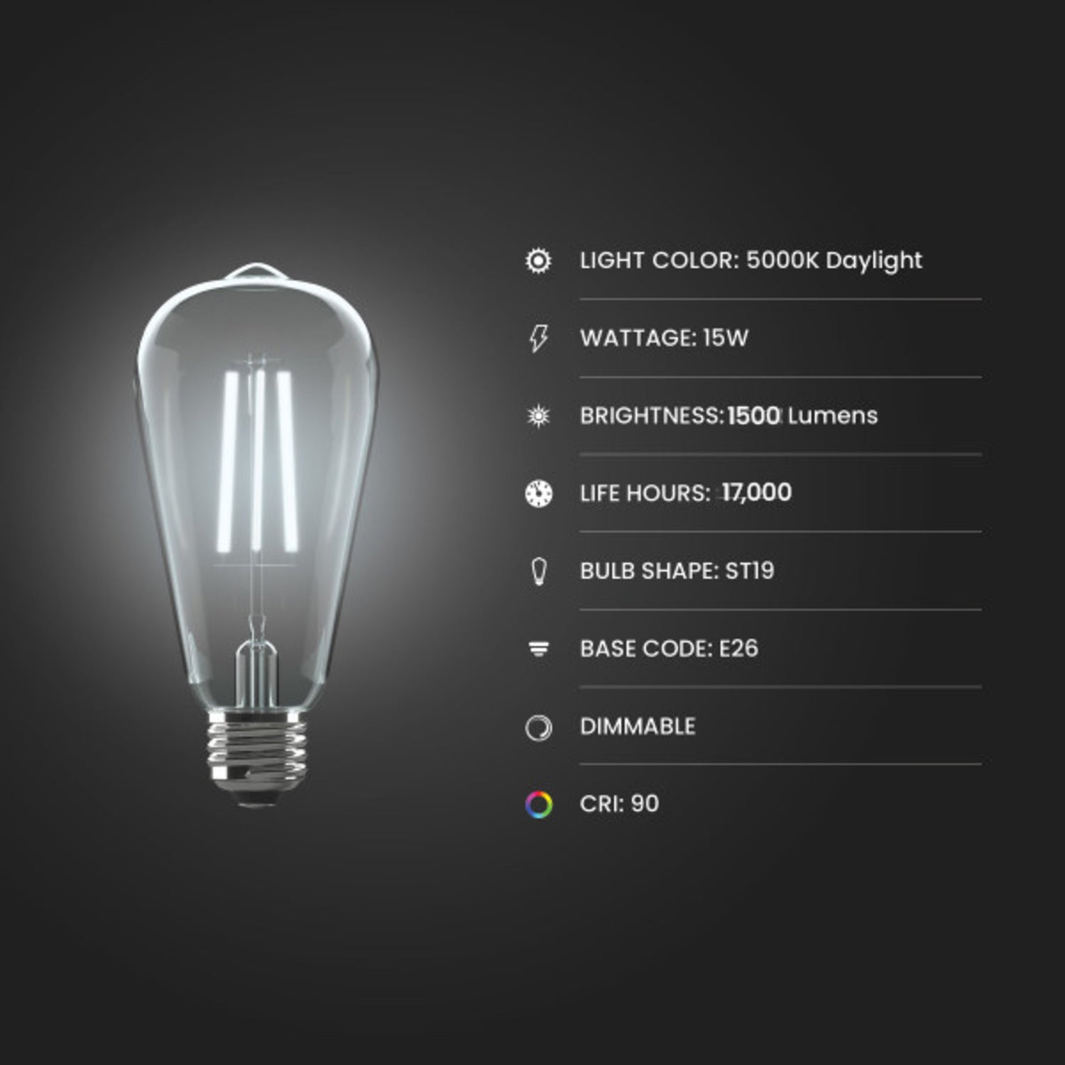 15W (100W Replacement) ST19 E26 Dimmable Enhance Straight Filament Clear Glass Vintage Edison LED Light Bulb, Daylight (4-Pack)