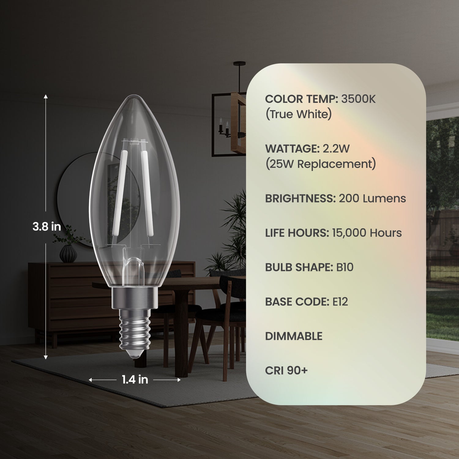 2.2W (25W Replacement) True White (3500K) E12 Base Chandelier B10 Torpedo Tip White Filament Light Bulb (3-Pack)
