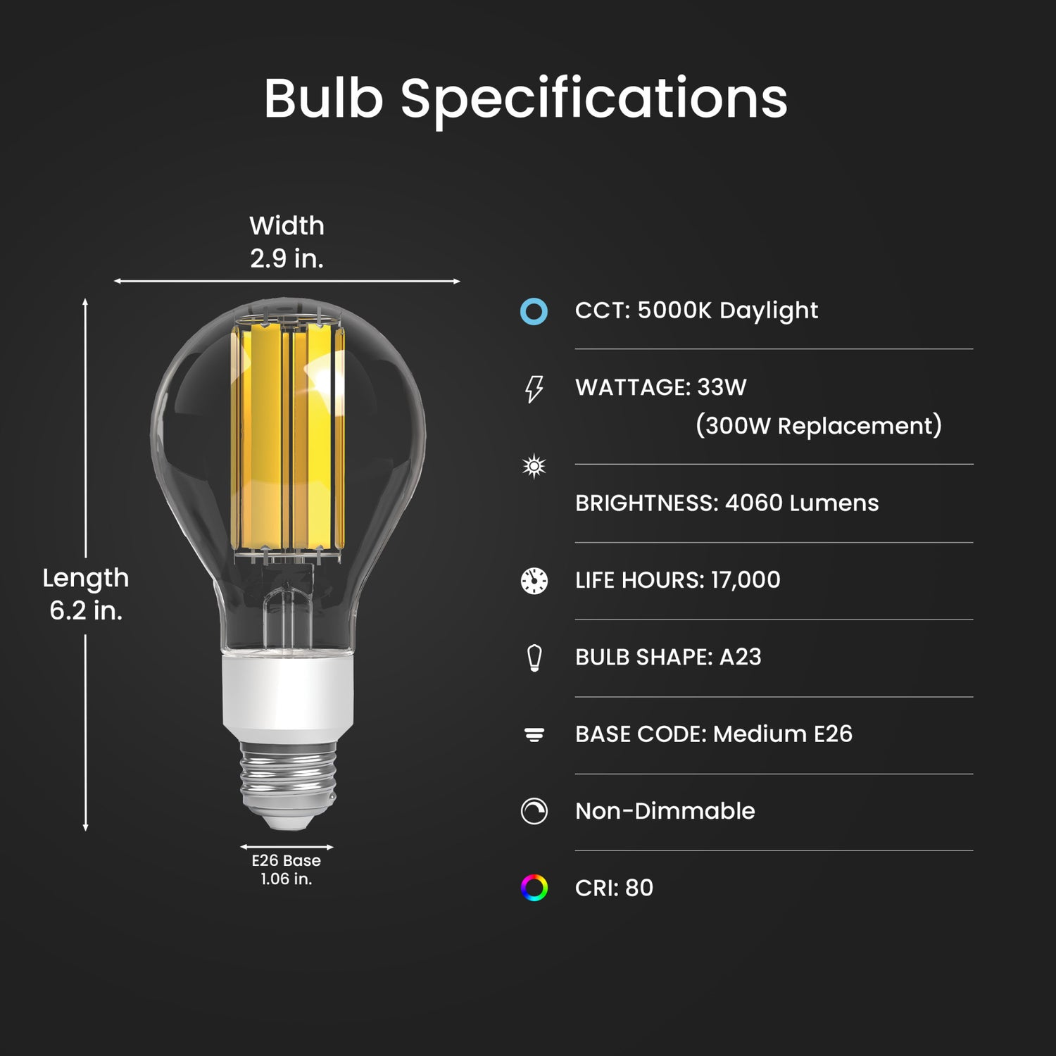 33W (300W Replacement) Bright White (3000K) E26 Base A23 Clear High Output LED