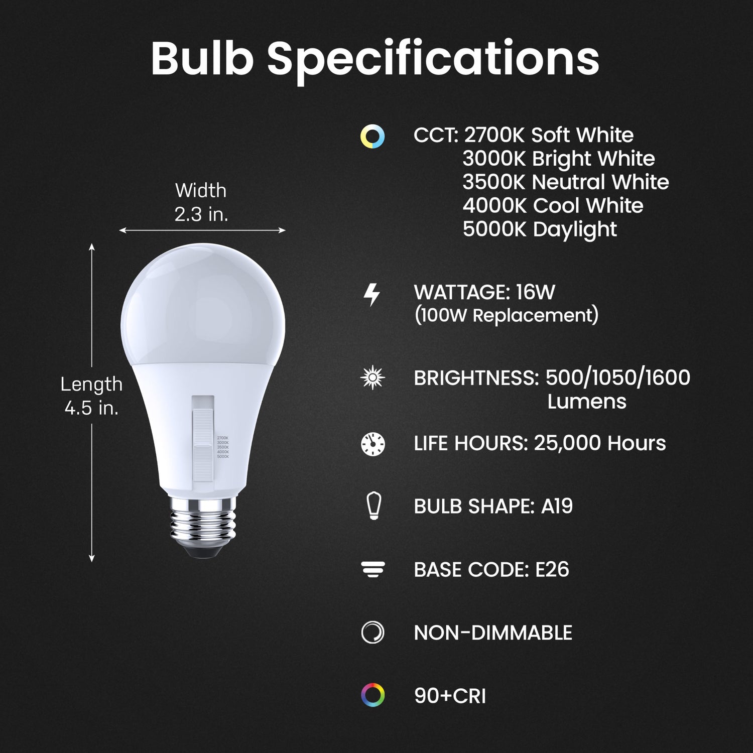 5/9/16W (30/70/100W Replacement) Adjustable White E26 Base A19 Non-Dimmable 3-Way Switch LED Bulb