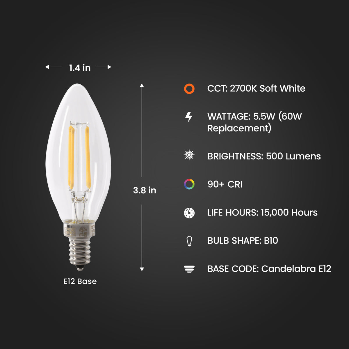 60W Replacement Clear B10 Dimmable Soft White Filament LED (2-Pack)