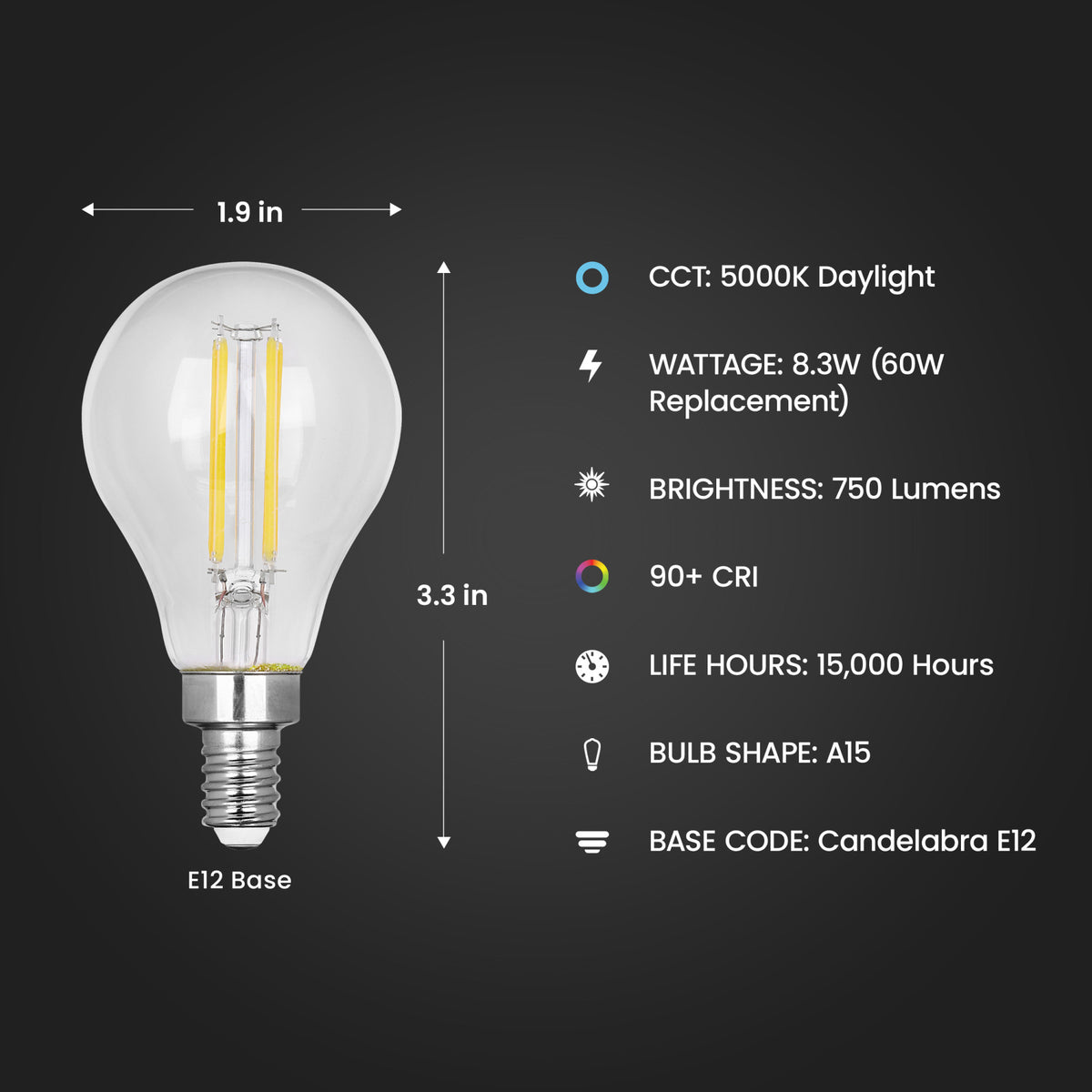 8.3W (60W Replacement) Daylight (5000K) E12 Base A15 Filament LED (2-Pack)