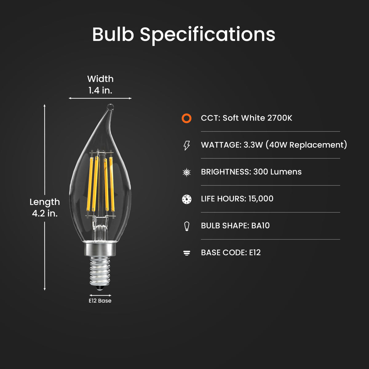 3.3W (40W Replacement) Soft White (2700K) BA10 Dimmable Enhance LED Filament Bulb (6-Pack)