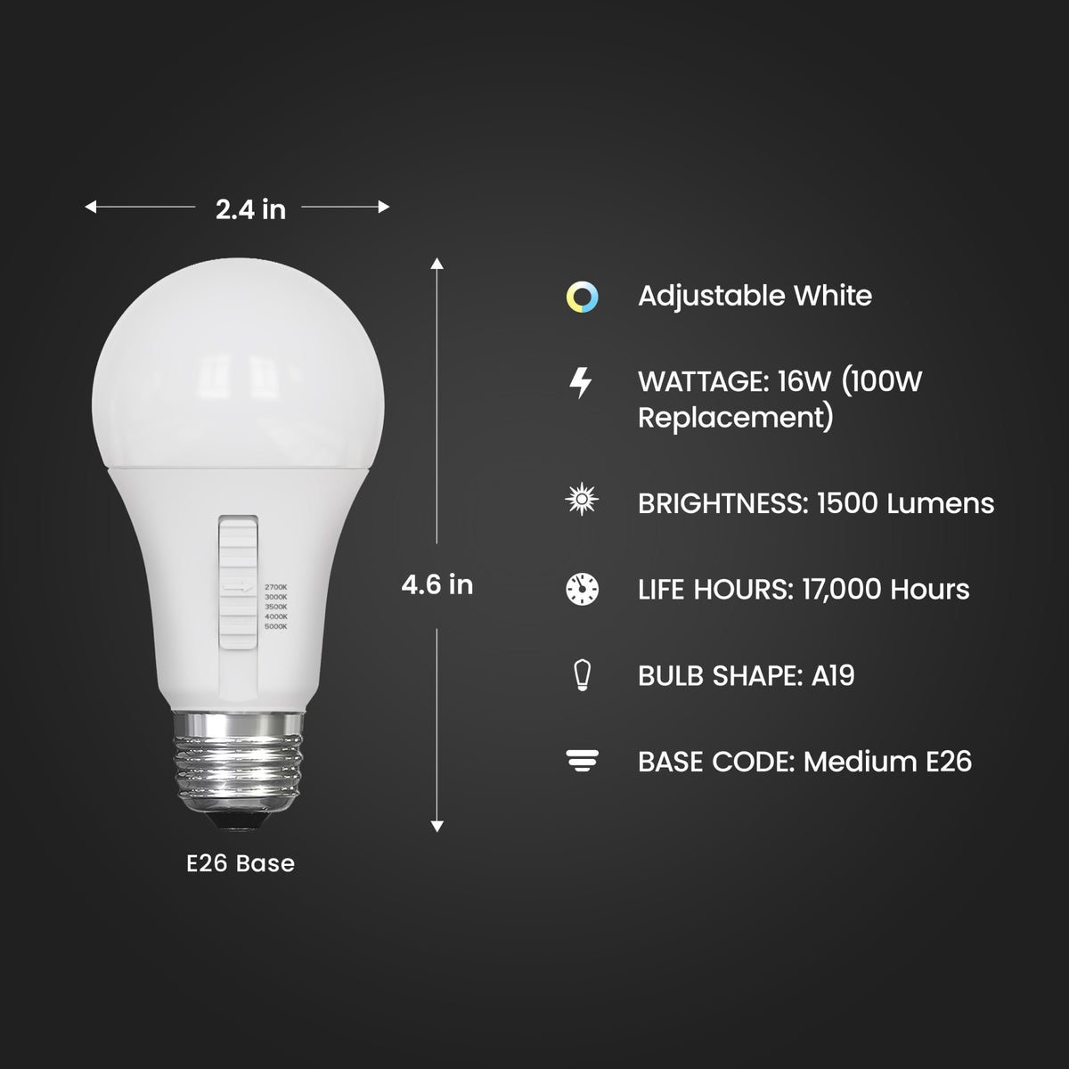 16W (100W Replacement) Adjustable White E26 Base A19 LED Bulb (2-Pack)